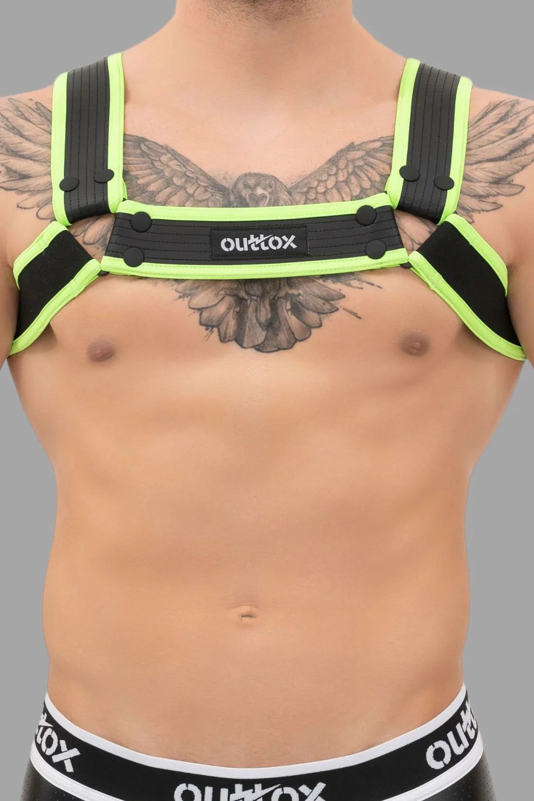 Outtox. Bulldog Harness with Snaps. Black and Green 'Neon'