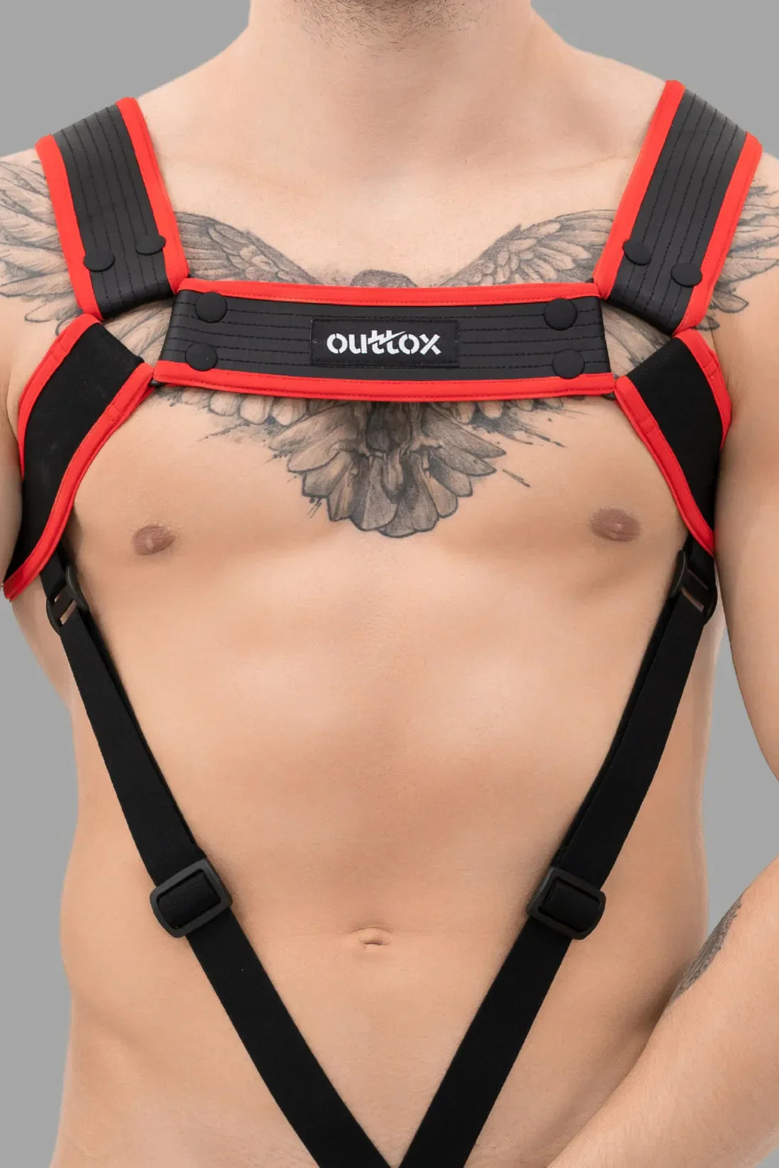 Outtox. Body Harness with Snaps. Black and Red