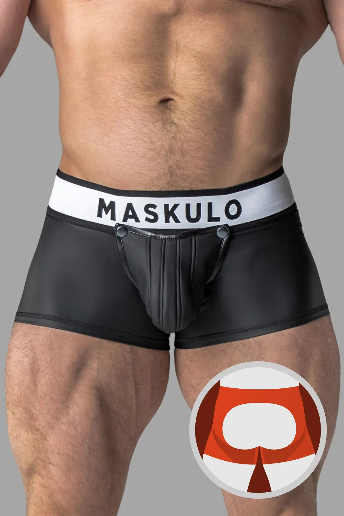 Rubber Look Trunk Shorts. Detachable pouch. Open Rear. Black