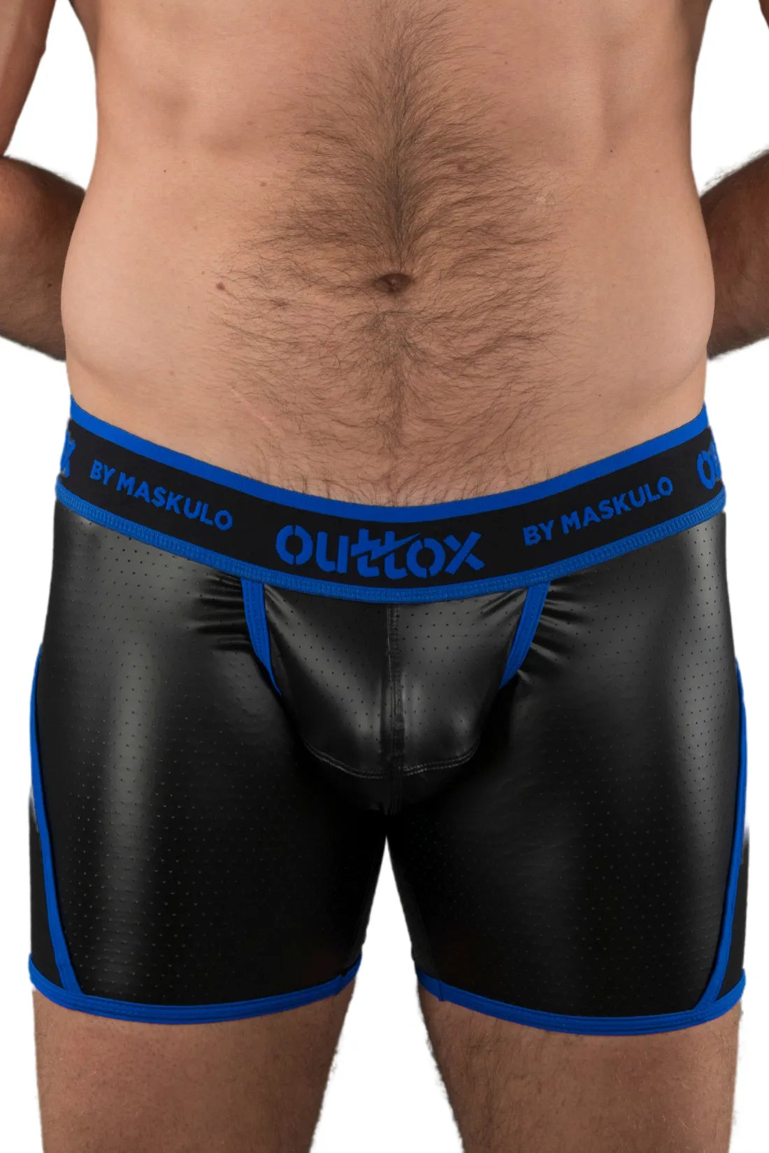 Outtox by Maskulo. Open Rear Shorts. Codpiece. Black and Blue