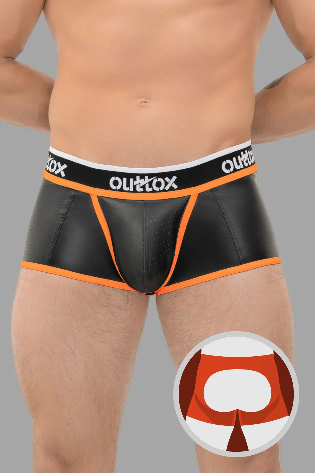 Outtox. Open Rear Trunk Shorts. Snap Codpiece. Black and Orange