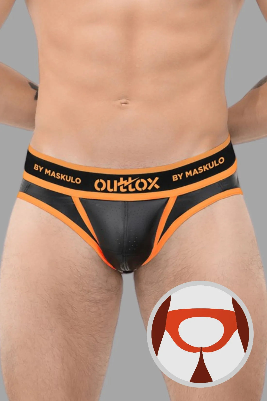 Outtox by Maskulo. Open Rear Briefs with Snap Codpiece. Orange