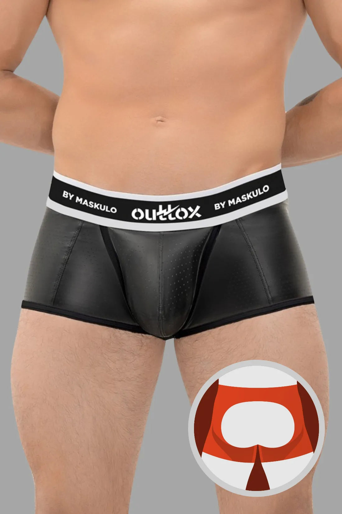 Outtox by Maskulo. Open Rear Trunk Shorts. Snap Codpiece. Black