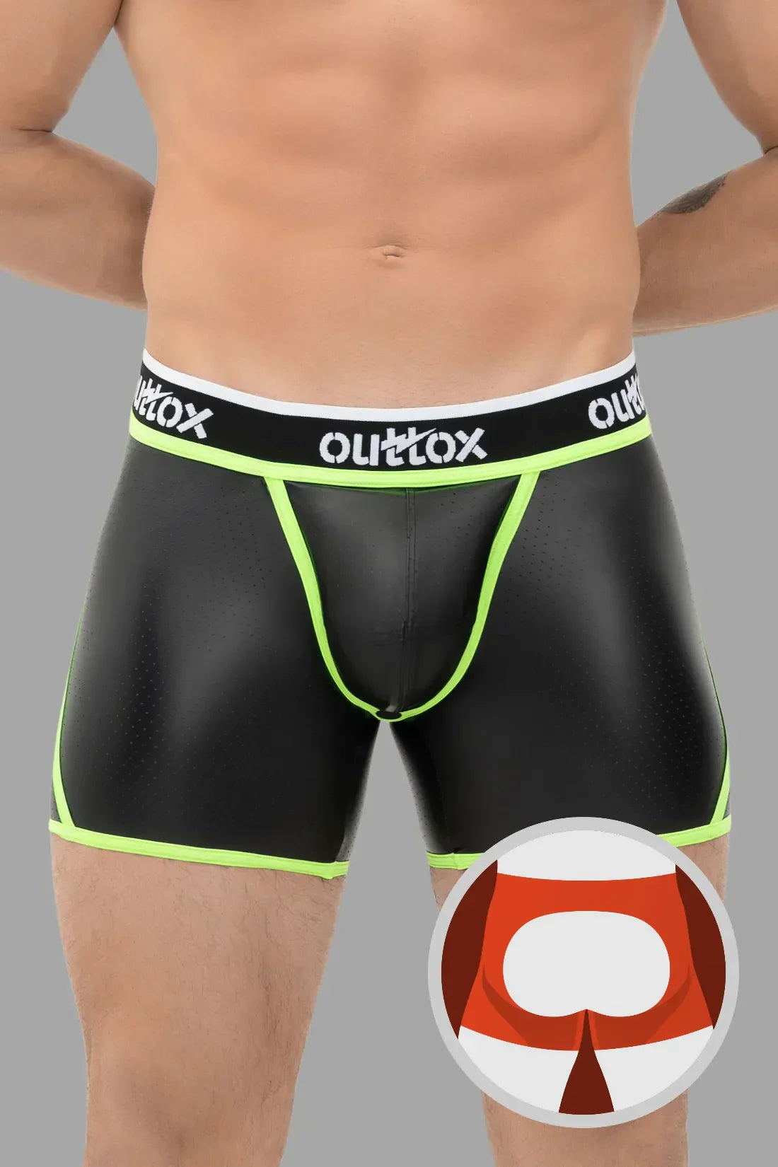 Outtox. Open Rear Shorts with Snap Codpiece. Black and Green