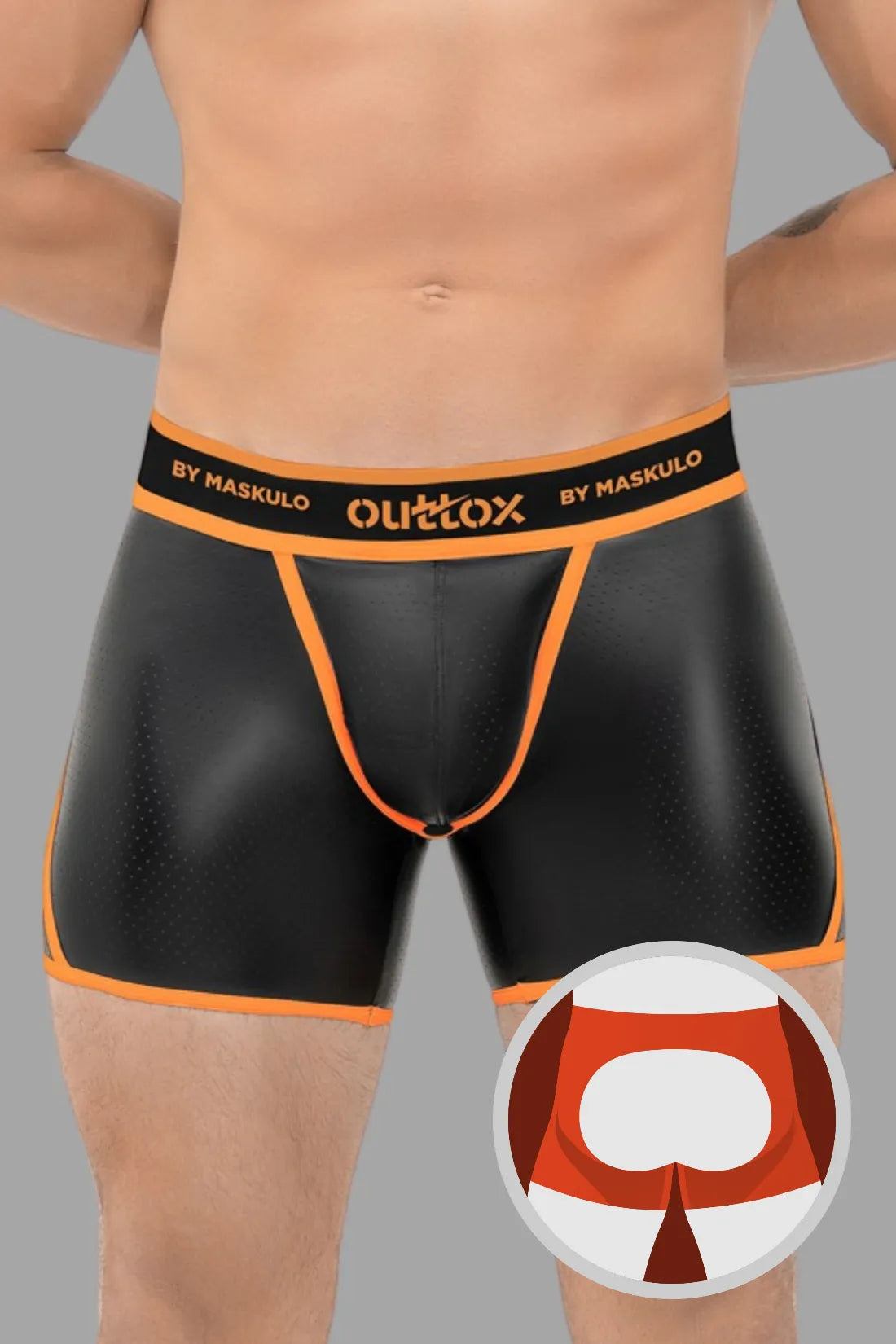 Outtox by Maskulo. Open Rear Shorts with Snap Codpiece. Orange