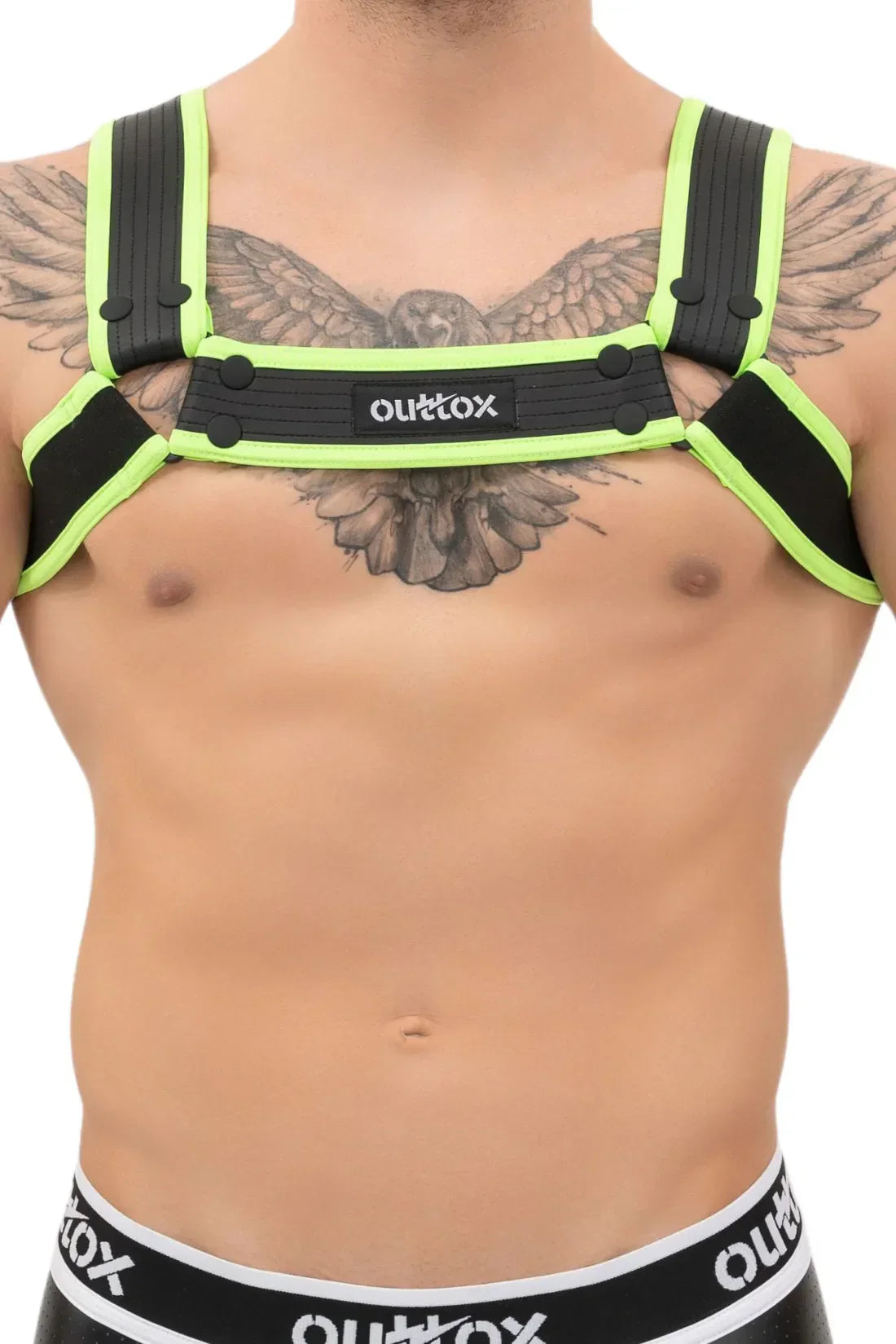 Outtox. Bulldog Harness with Snaps. Black and Green 'Neon'