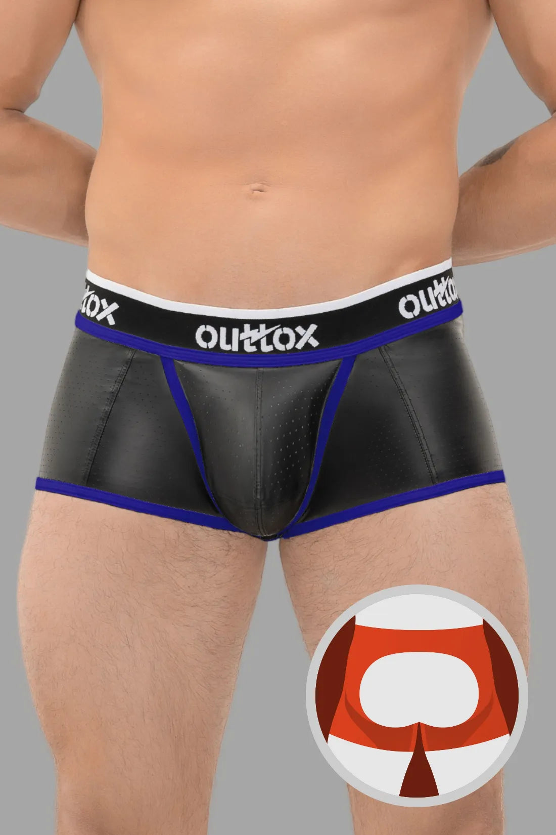 Outtox. Open Rear Trunk Shorts with Snap Codpiece. Black and Blue