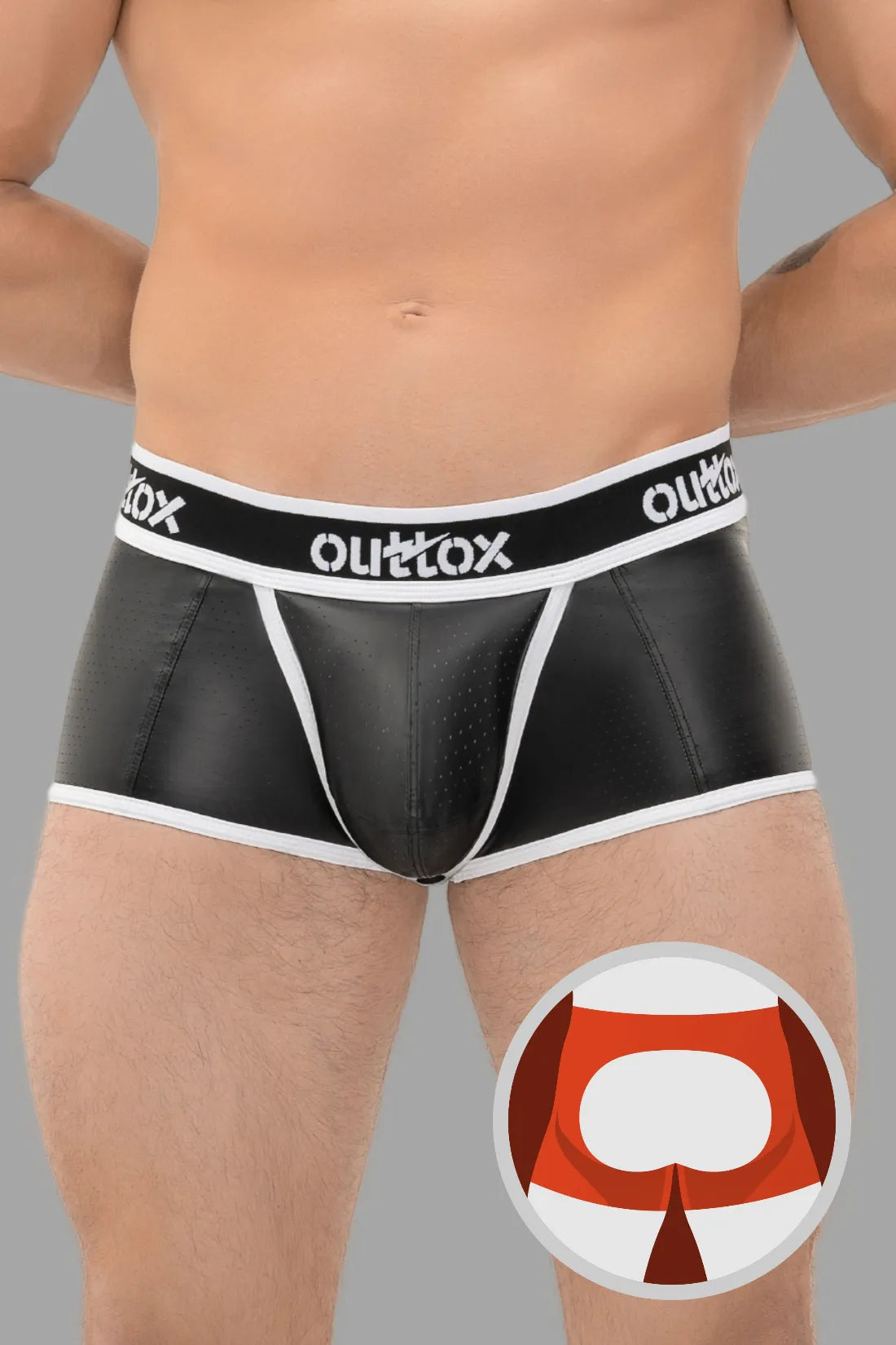 Outtox. Open Rear Trunk Shorts. Snap Codpiece. Black and White