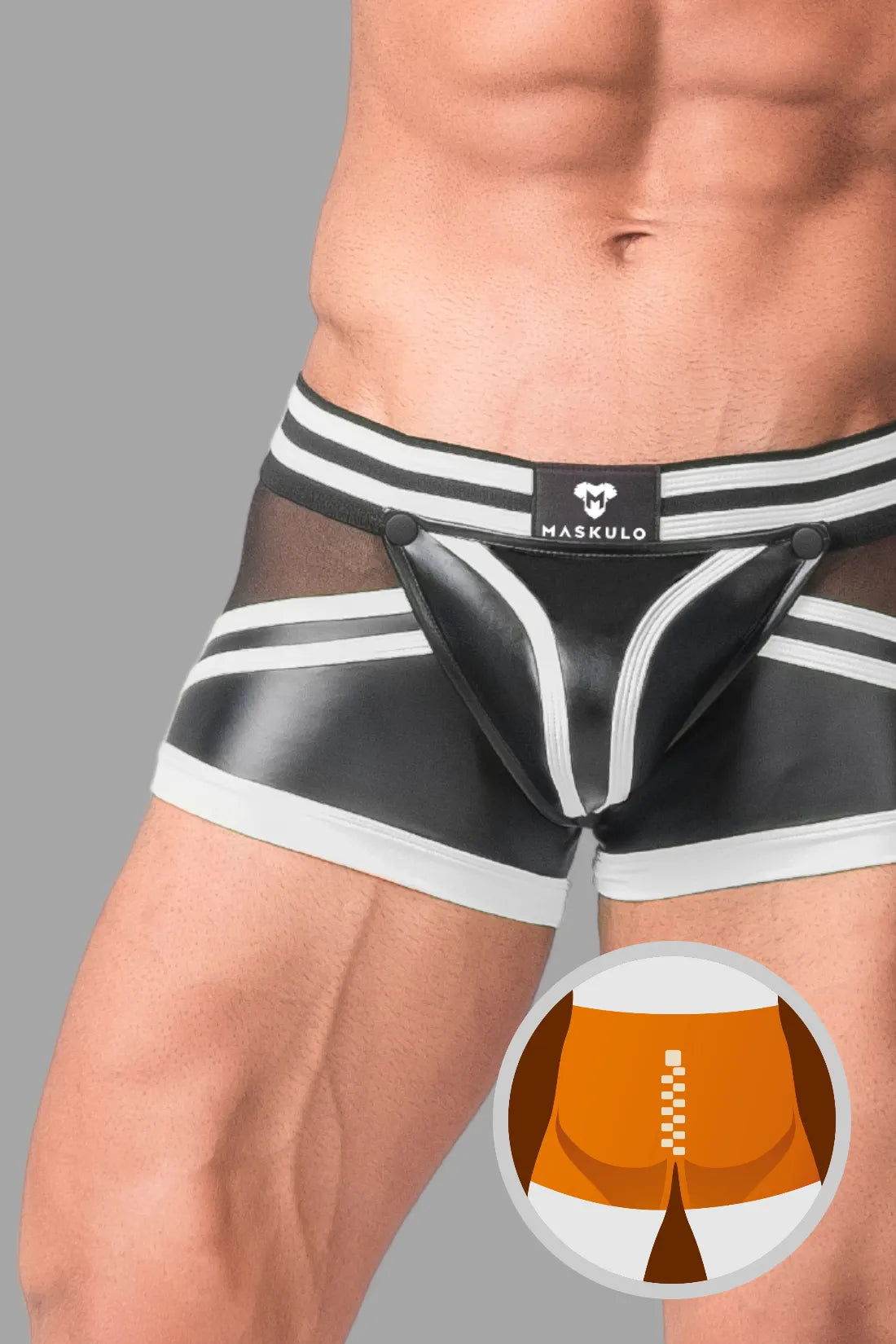 Men's Trunk Shorts. Codpiece. Zippered Rear. Black and White Neon