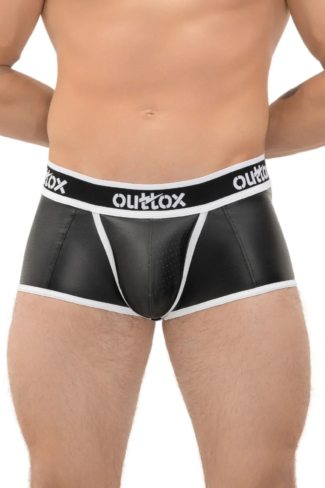 Outtox. Open Rear Trunk Shorts. Snap Codpiece. Black and White