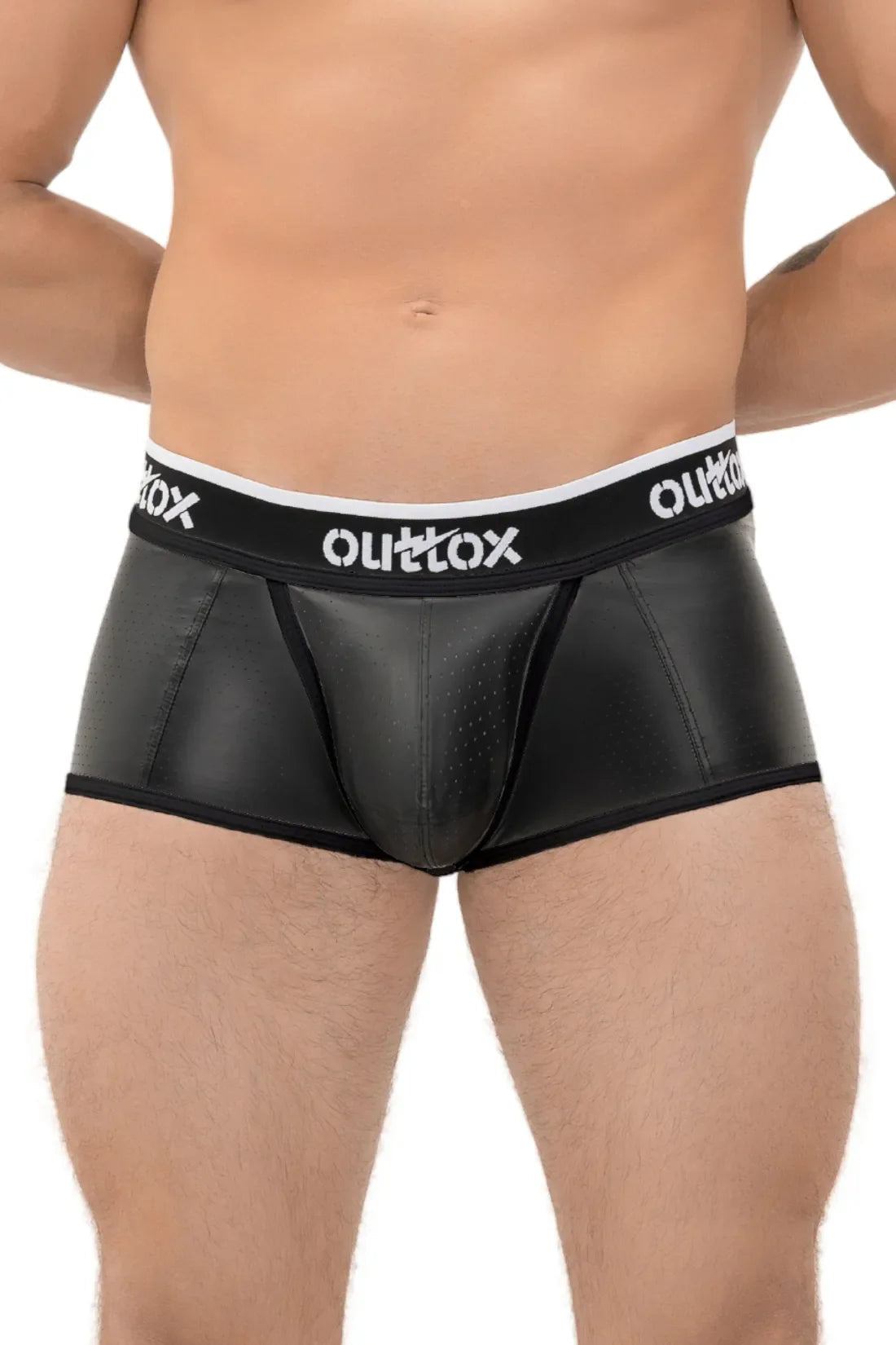 Outtox. Open Rear Trunk Shorts with Snap Codpiece. Black