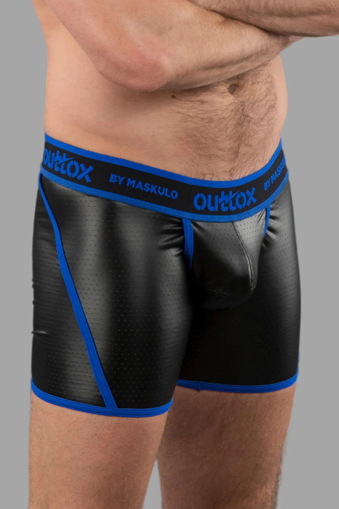 Outtox by Maskulo. Open Rear Shorts. Codpiece. Black and Blue