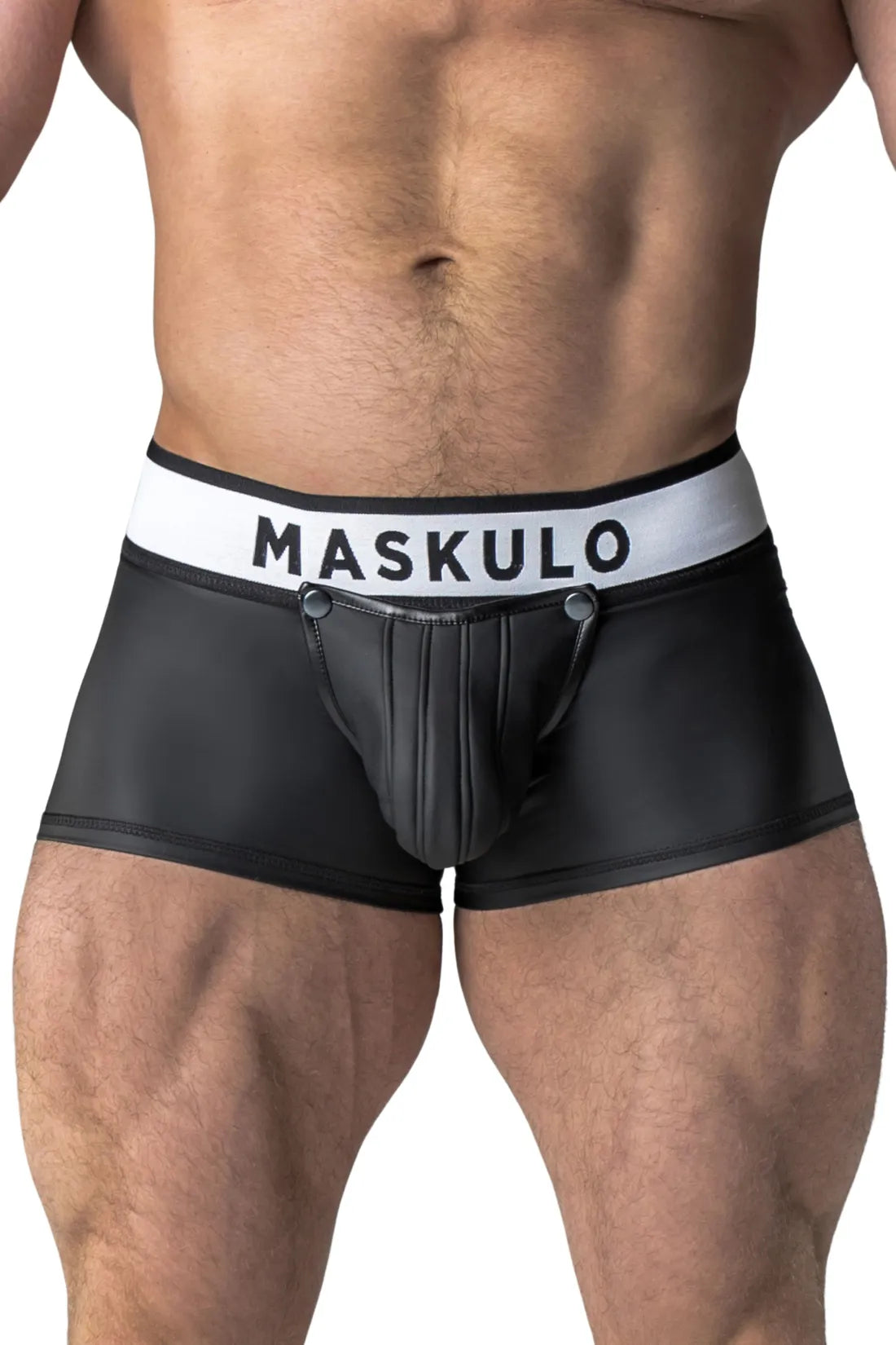 Rubber Look Trunk Shorts. Detachable pouch. Open Rear. Black