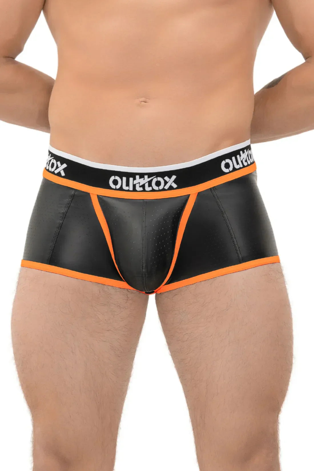 Outtox. Open Rear Trunk Shorts. Snap Codpiece. Black and Orange