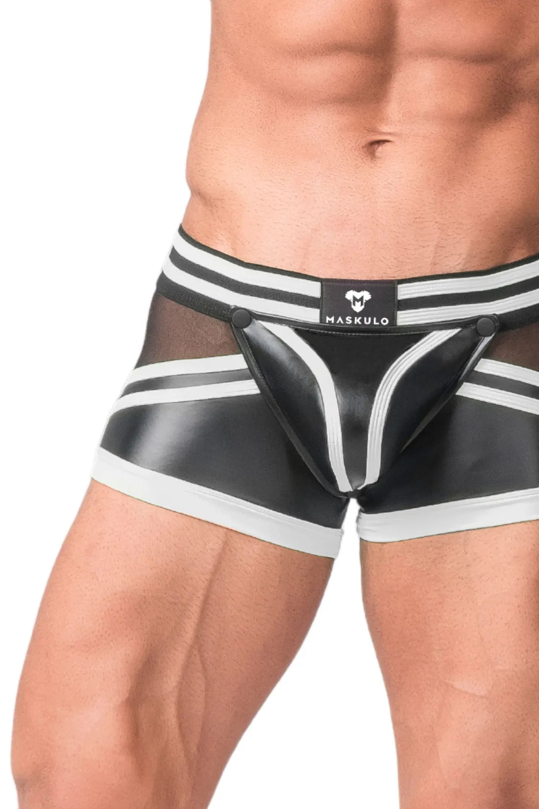 Men's Trunk Shorts. Codpiece. Zippered Rear. Black and White Neon