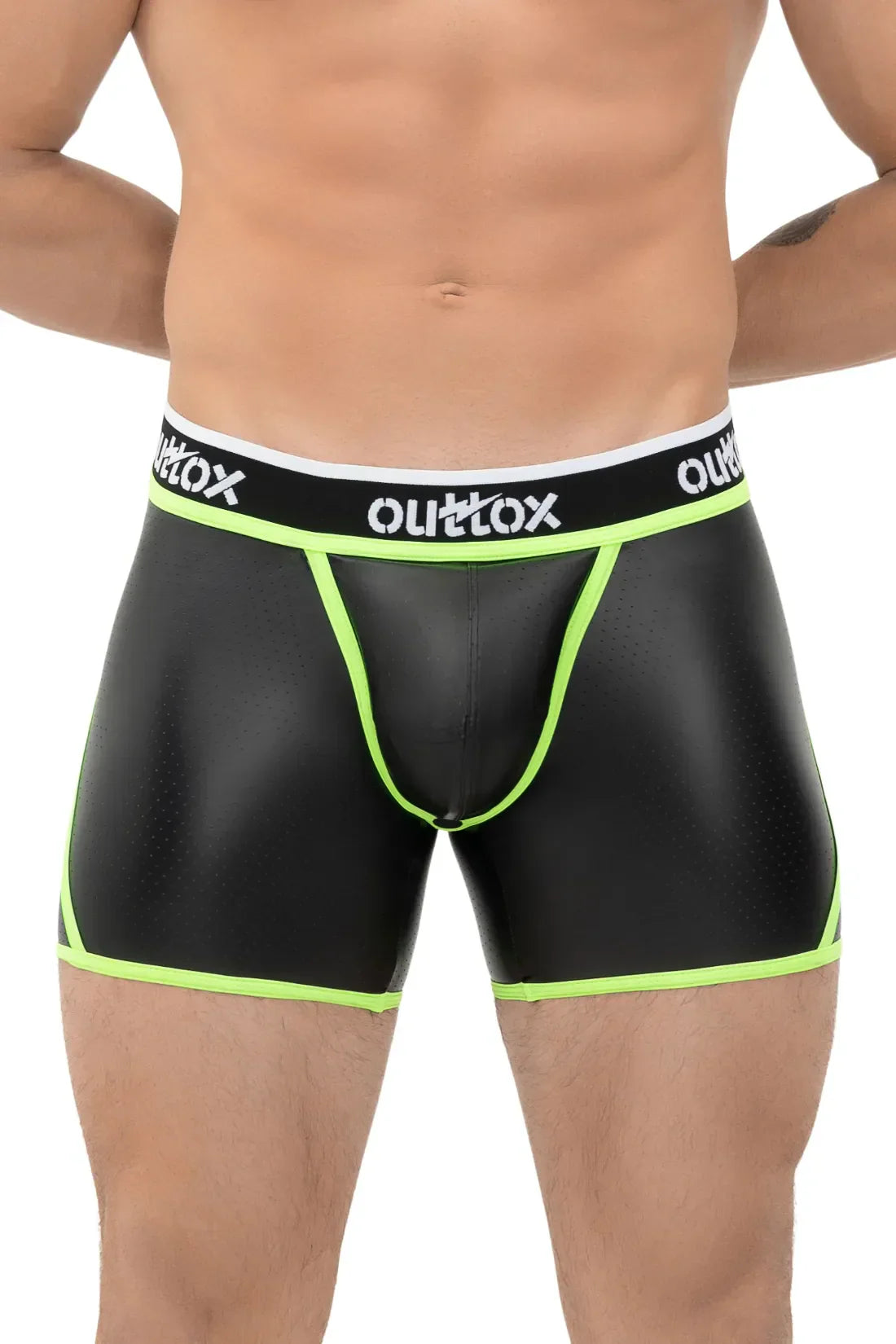 Outtox. Open Rear Shorts with Snap Codpiece. Black and Green