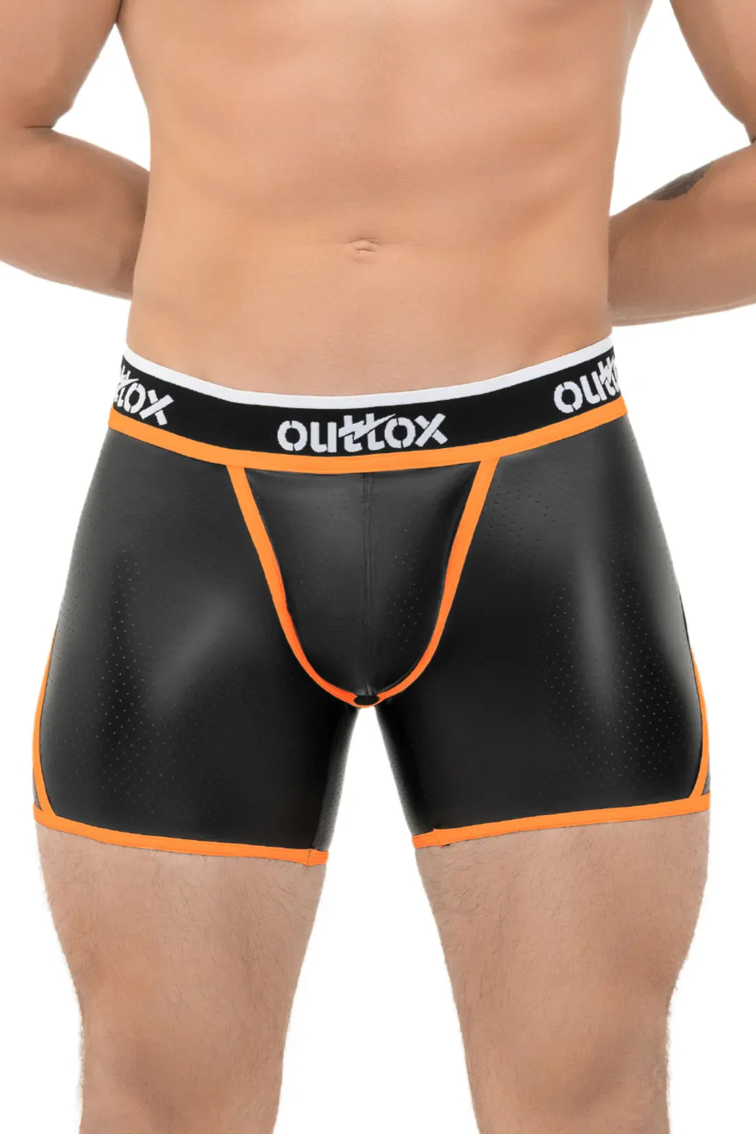 Outtox. Open Rear Shorts with Snap Codpiece. Orange Neon