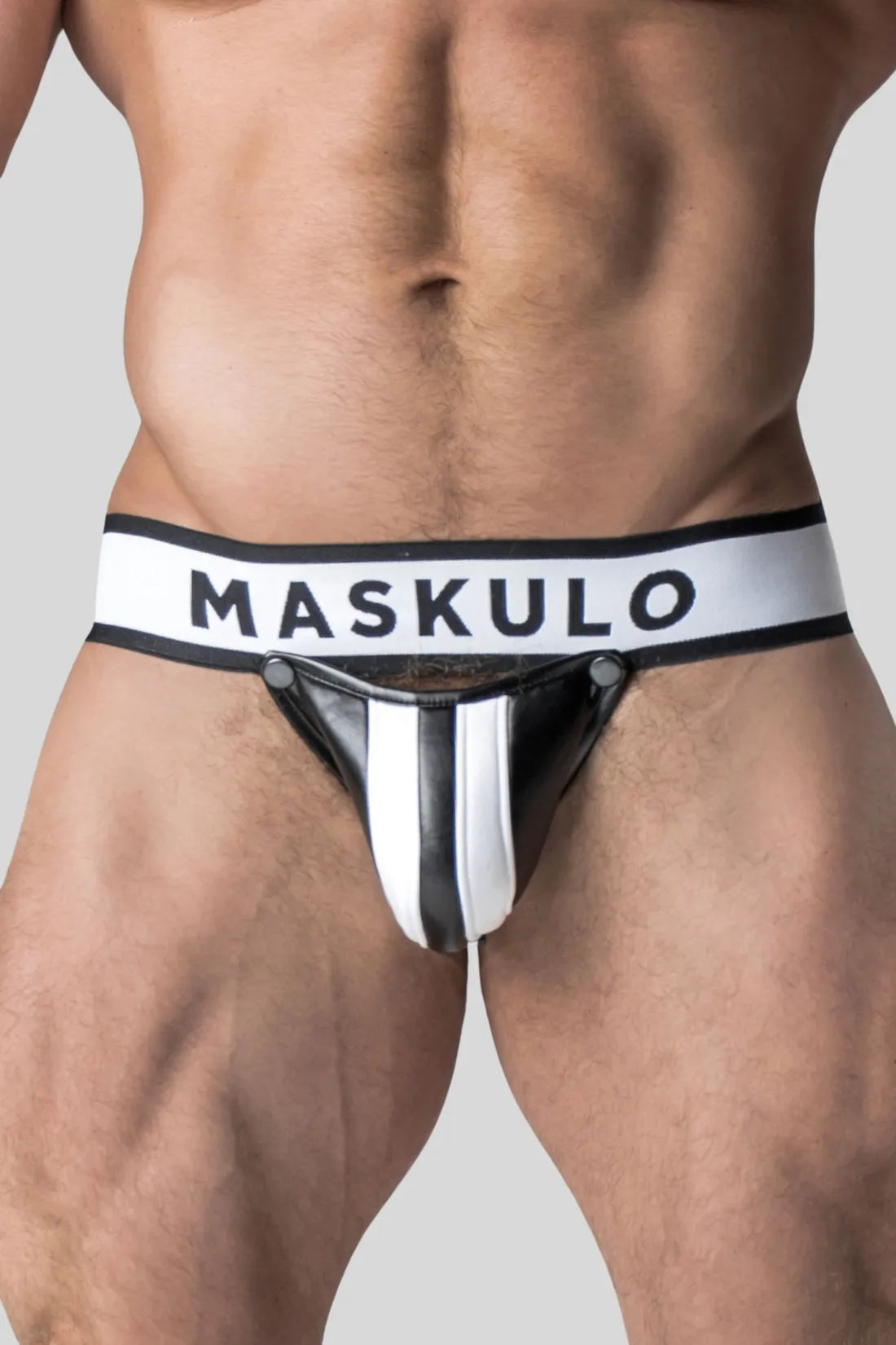 Armored. Men's Jock. Detachable Codpiece. White and Black