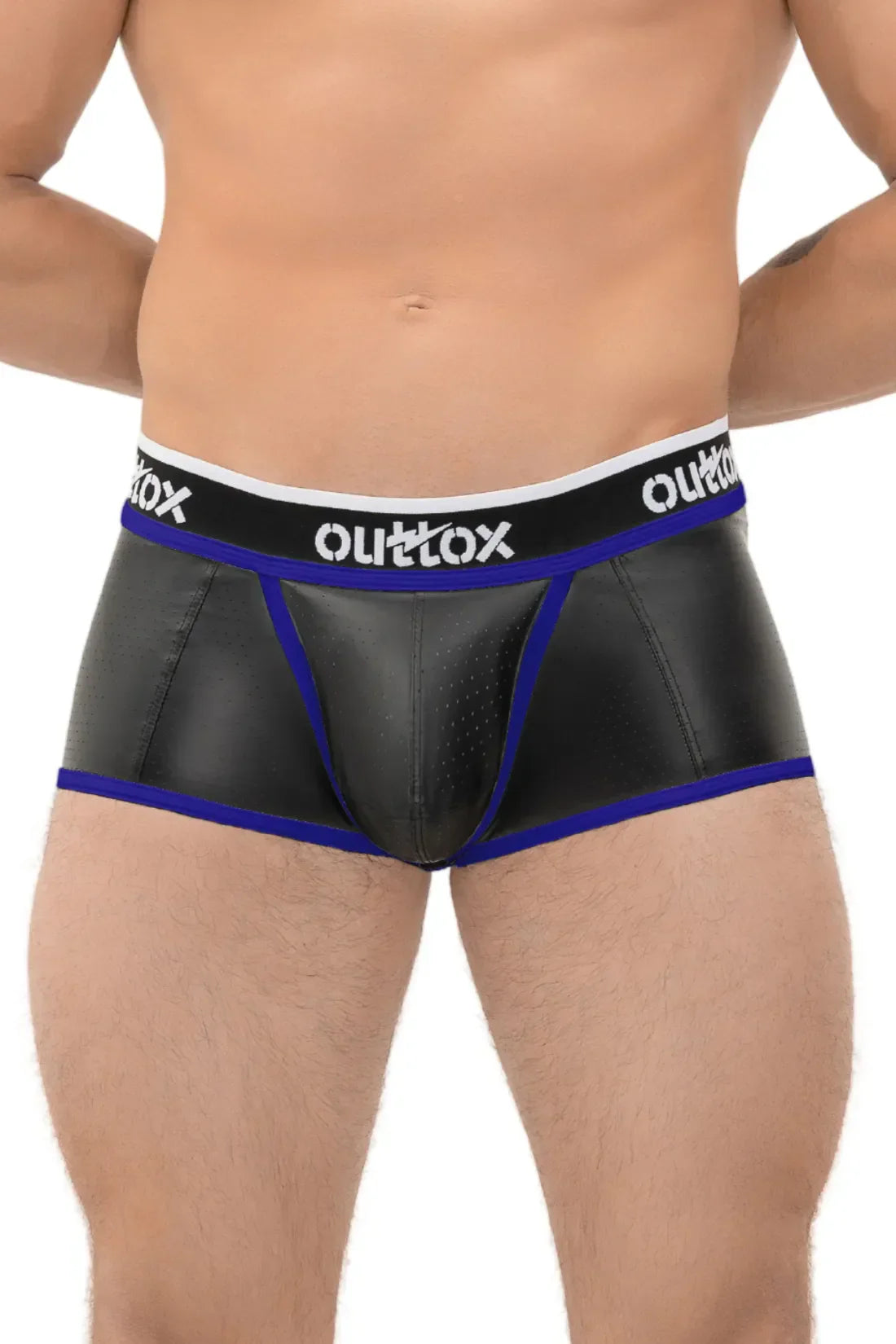 Outtox. Open Rear Trunk Shorts with Snap Codpiece. Black and Blue