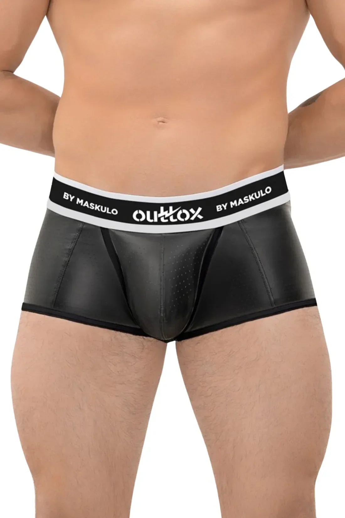 Outtox by Maskulo. Open Rear Trunk Shorts. Snap Codpiece. Black