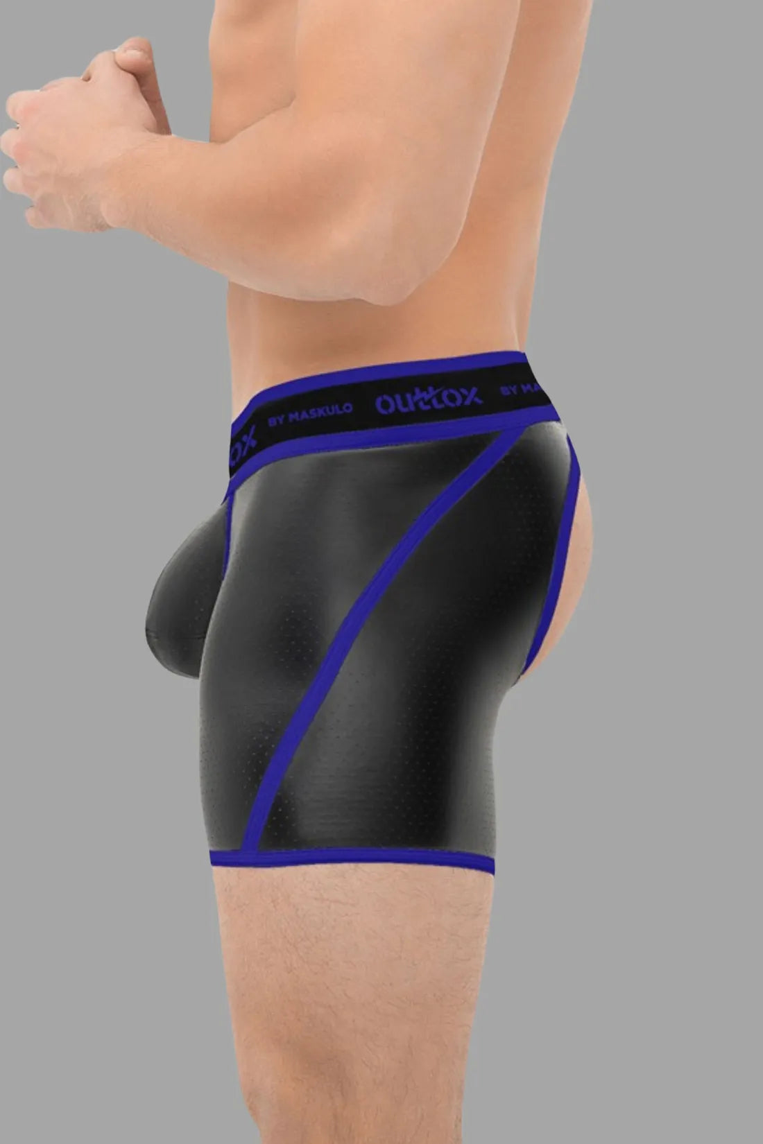 Outtox by Maskulo. Open Rear Shorts. Codpiece. Black and Blue