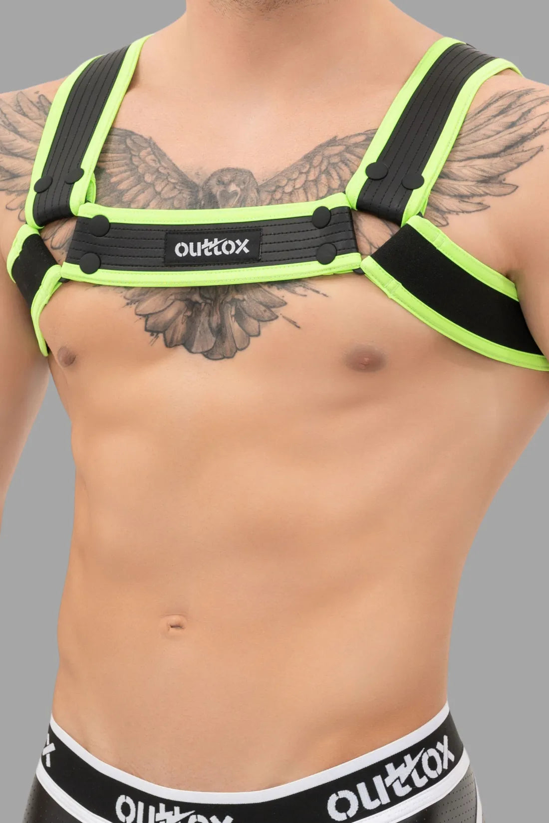 Outtox. Bulldog Harness with Snaps. Black and Green 'Neon'