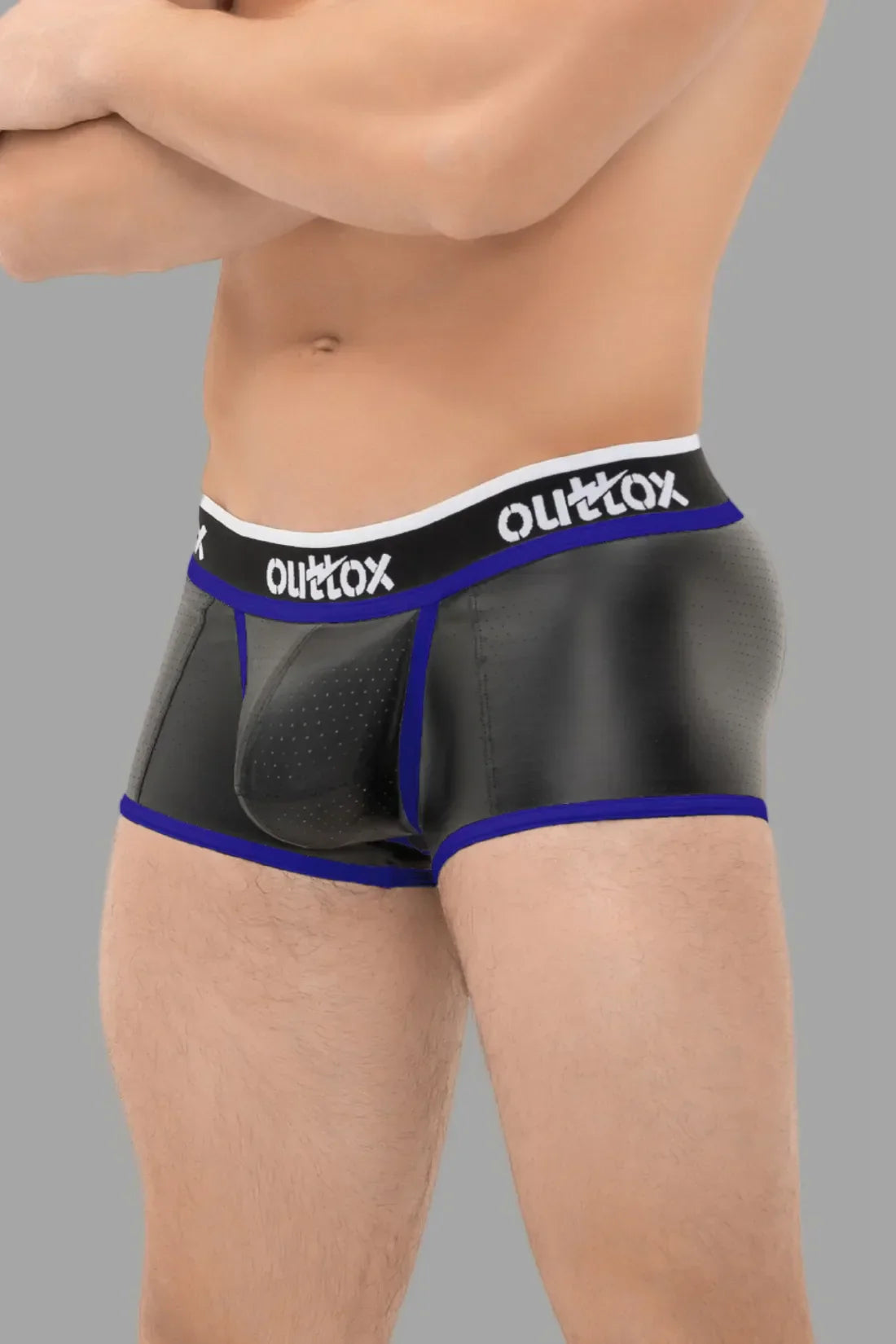 Outtox. Open Rear Trunk Shorts with Snap Codpiece. Black and Blue