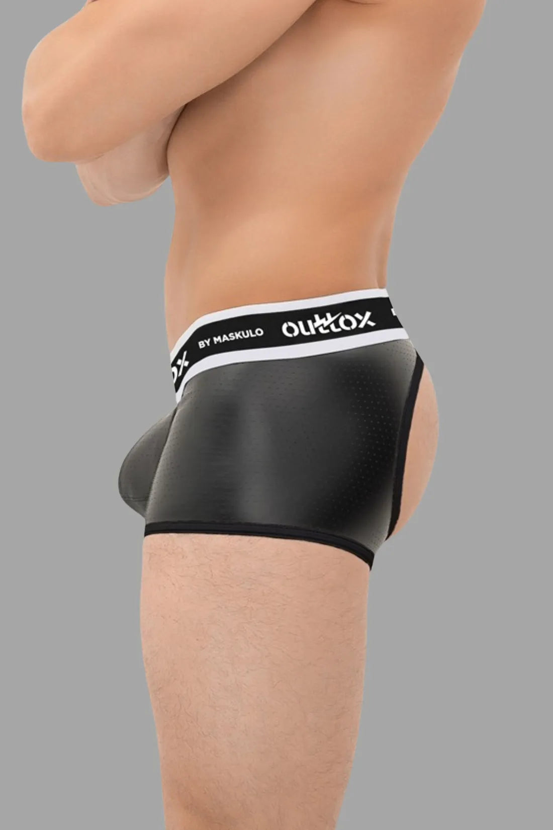 Outtox by Maskulo. Open Rear Trunk Shorts. Snap Codpiece. Black