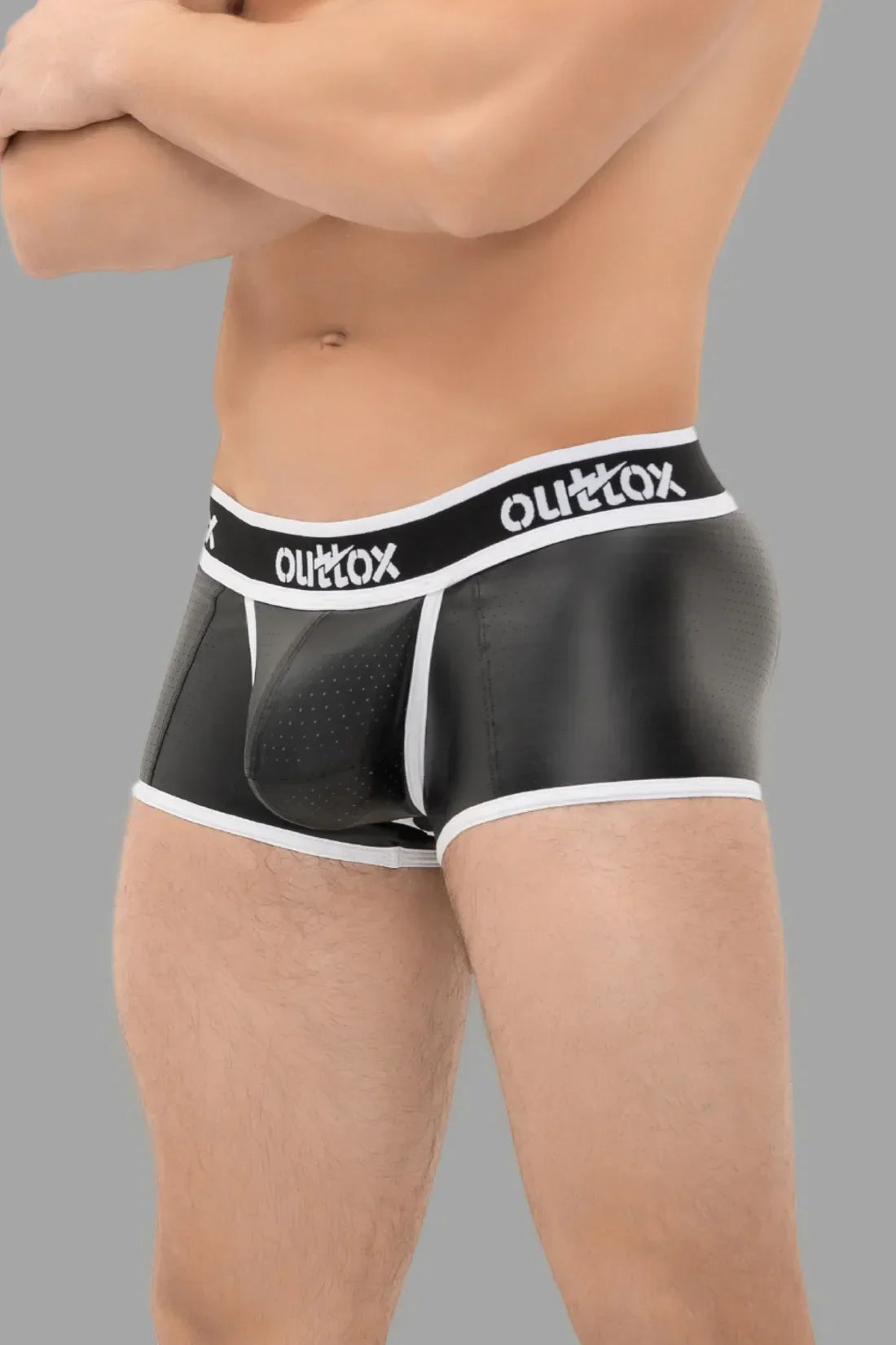 Outtox. Open Rear Trunk Shorts. Snap Codpiece. Black and White