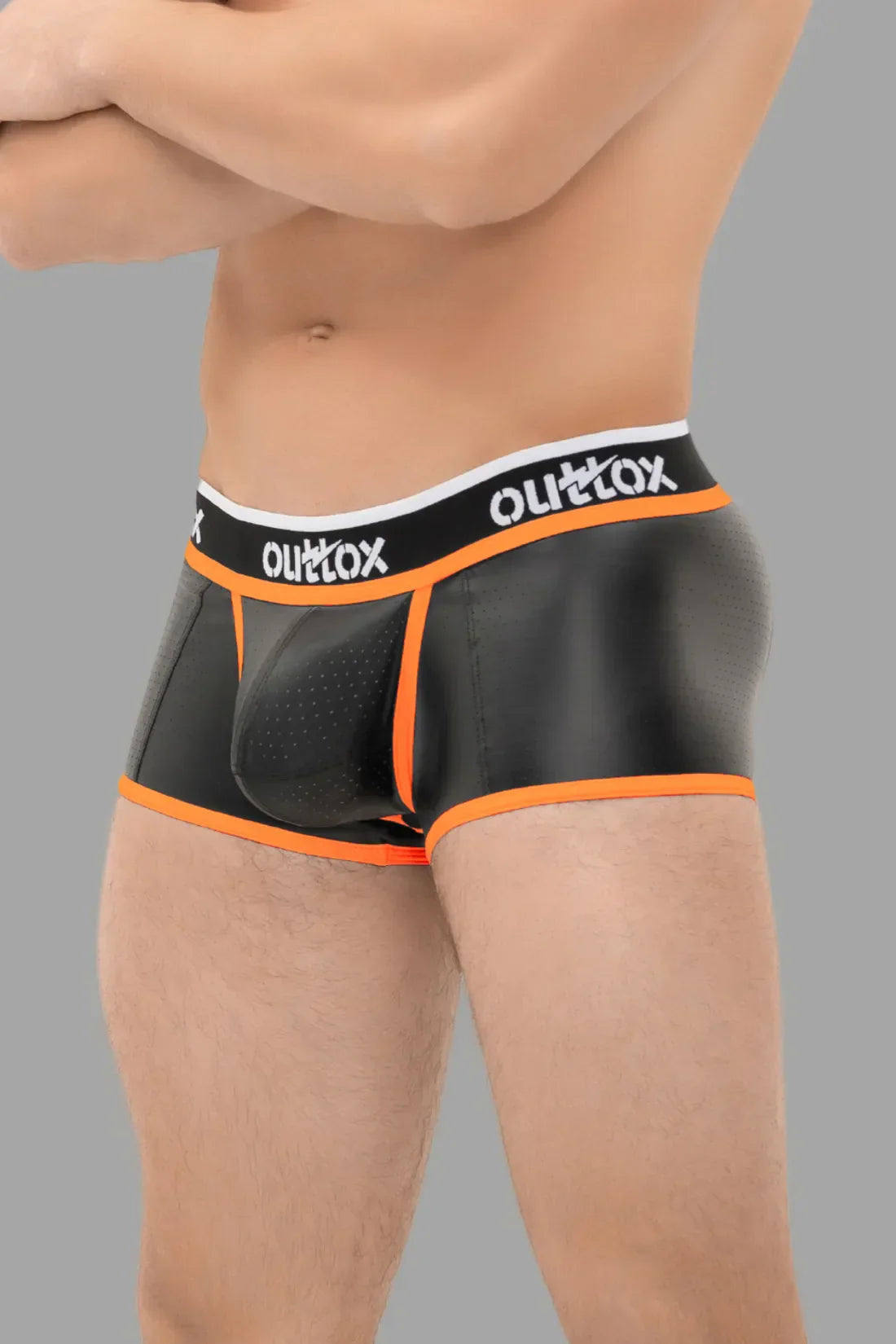 Outtox. Open Rear Trunk Shorts. Snap Codpiece. Black and Orange