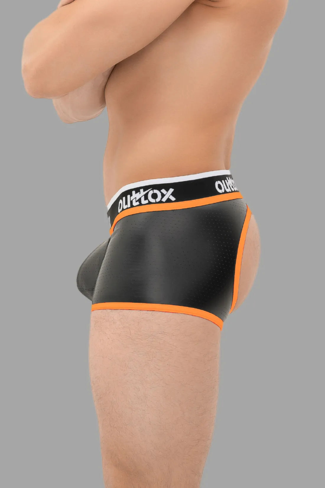 Outtox. Open Rear Trunk Shorts. Snap Codpiece. Black and Orange