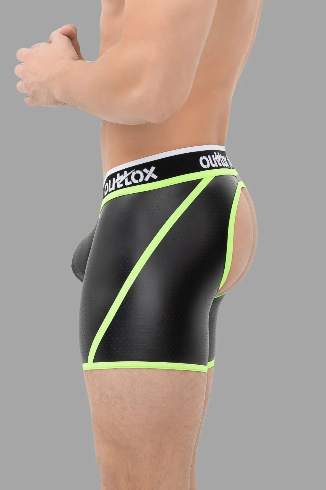 Outtox. Open Rear Shorts with Snap Codpiece. Black and Green