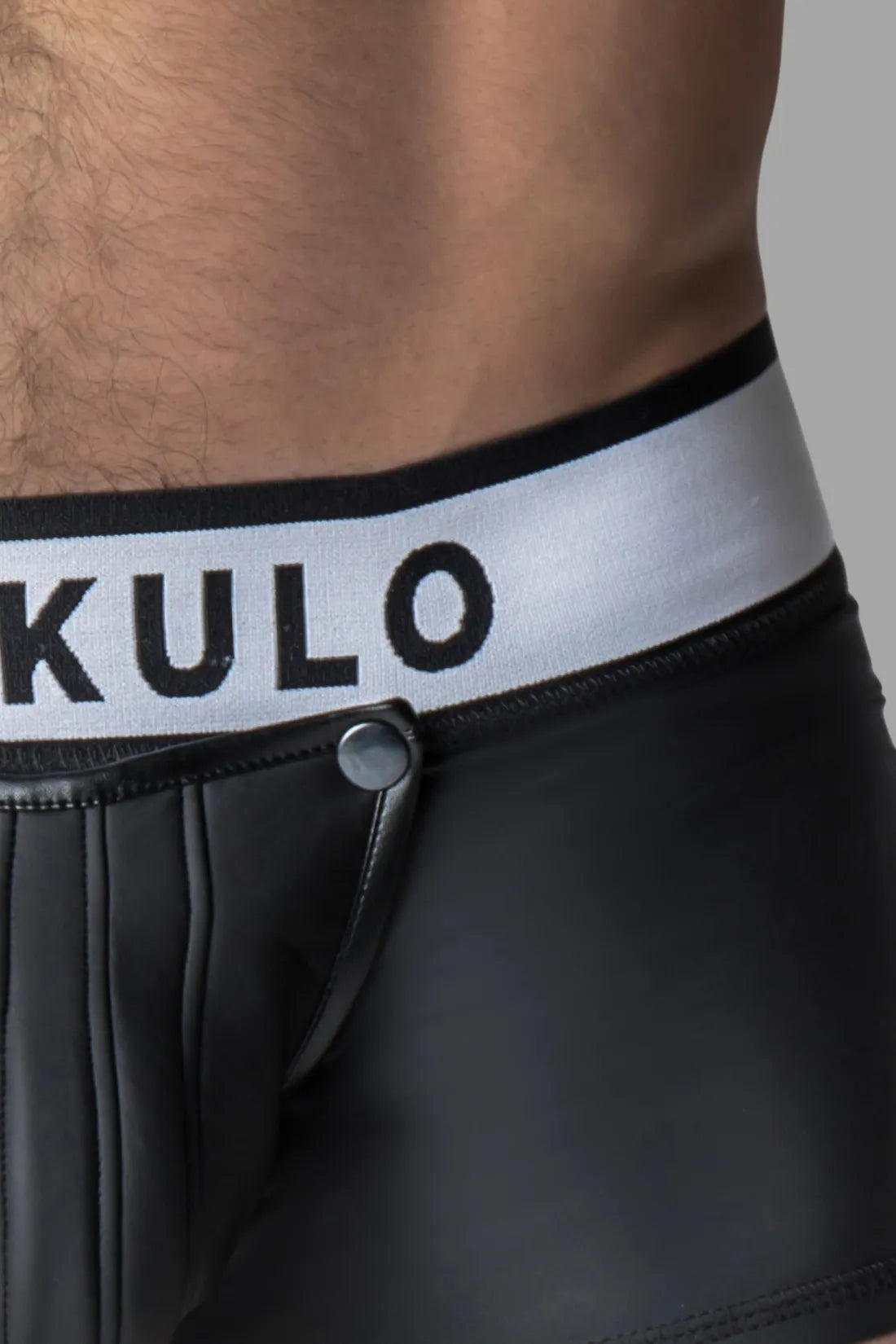 Rubber Look Trunk Shorts. Detachable pouch. Open Rear. Black