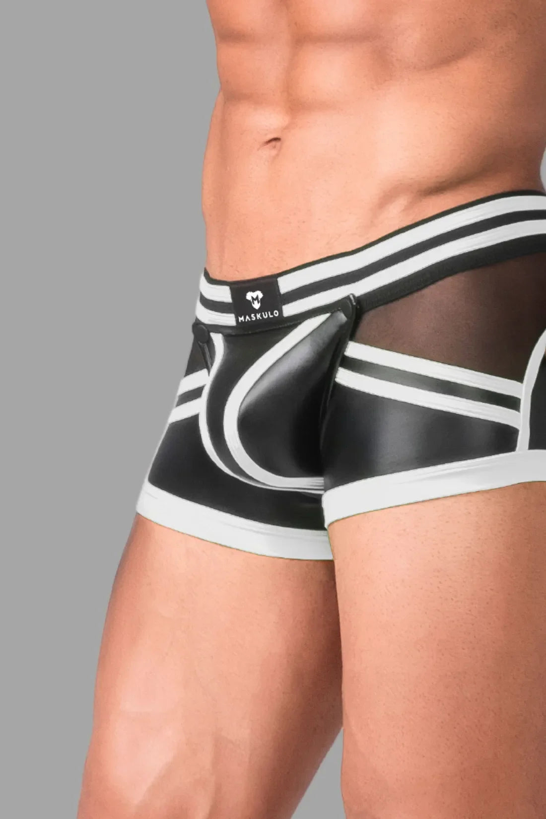 Men's Trunk Shorts. Codpiece. Zippered Rear. Black and White Neon