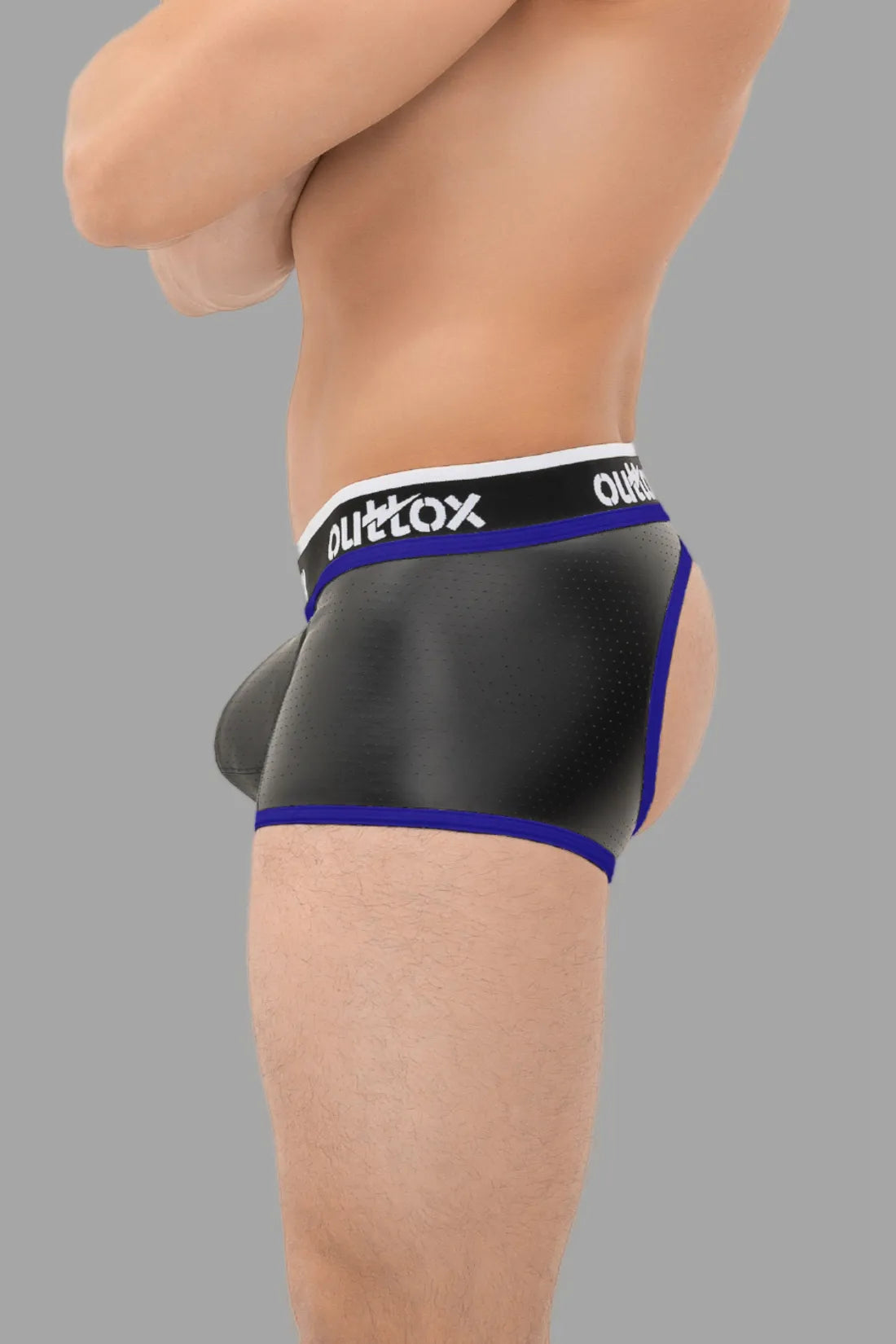 Outtox. Open Rear Trunk Shorts with Snap Codpiece. Black and Blue