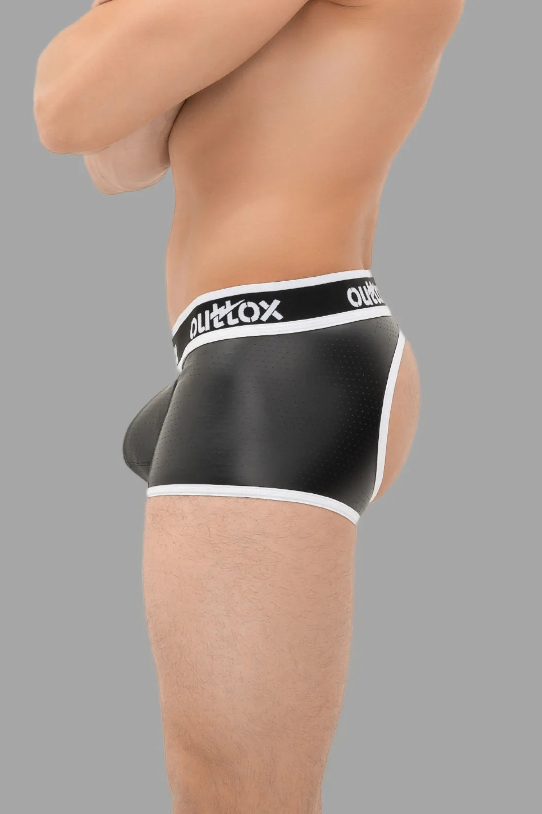 Outtox. Open Rear Trunk Shorts. Snap Codpiece. Black and White