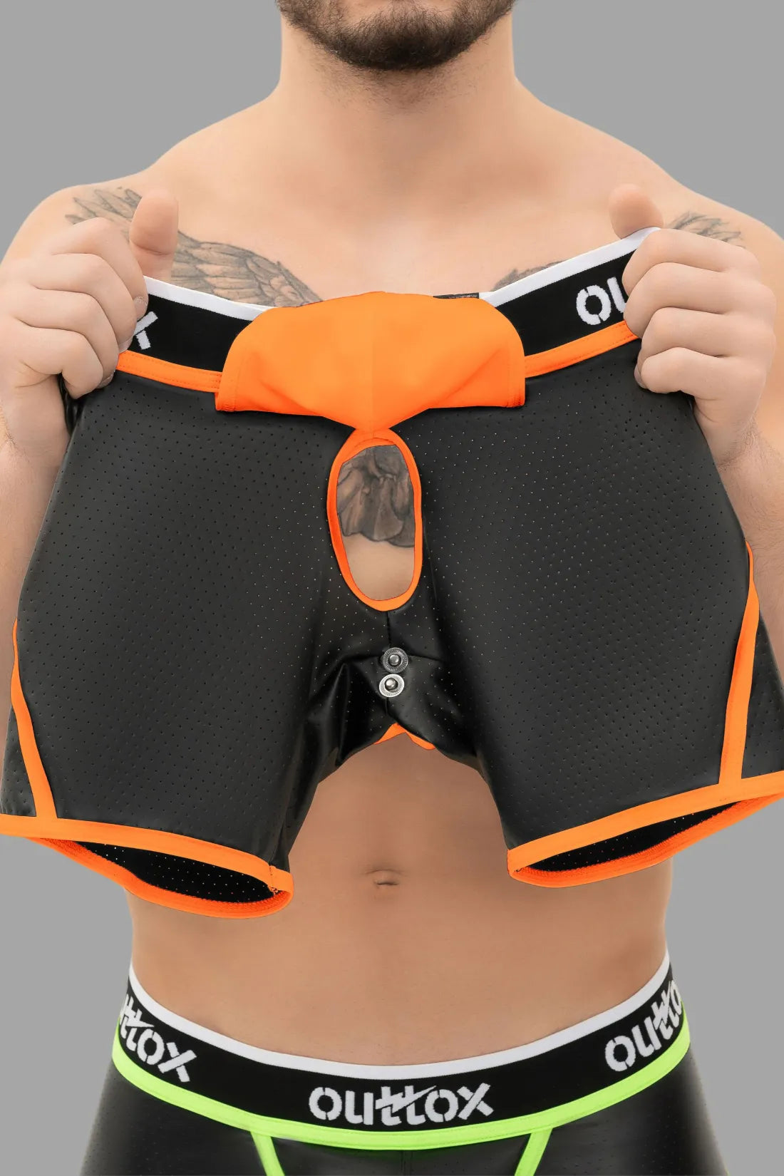 Outtox. Open Rear Shorts with Snap Codpiece. Orange 'Neon'