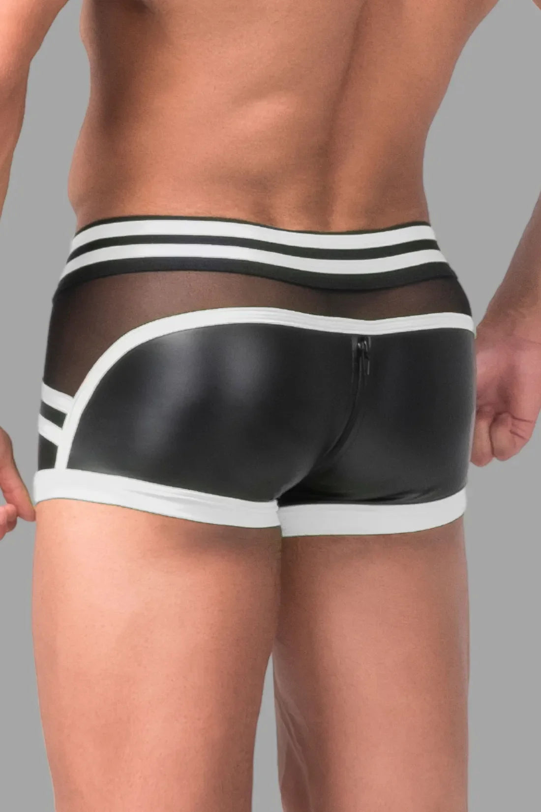 Men's Trunk Shorts. Codpiece. Zippered Rear. Black and White Neon