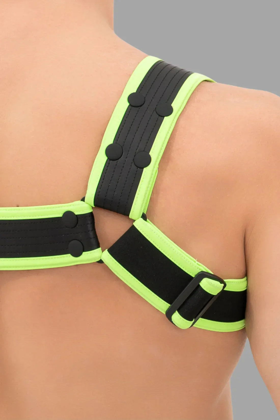 Outtox. Bulldog Harness with Snaps. Black and Green 'Neon'