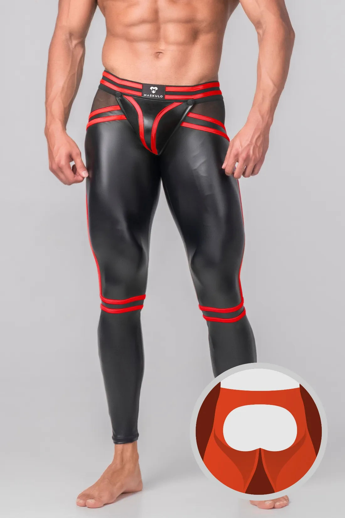 Men's Leggings. Codpiece. Open Rear. Black and Red