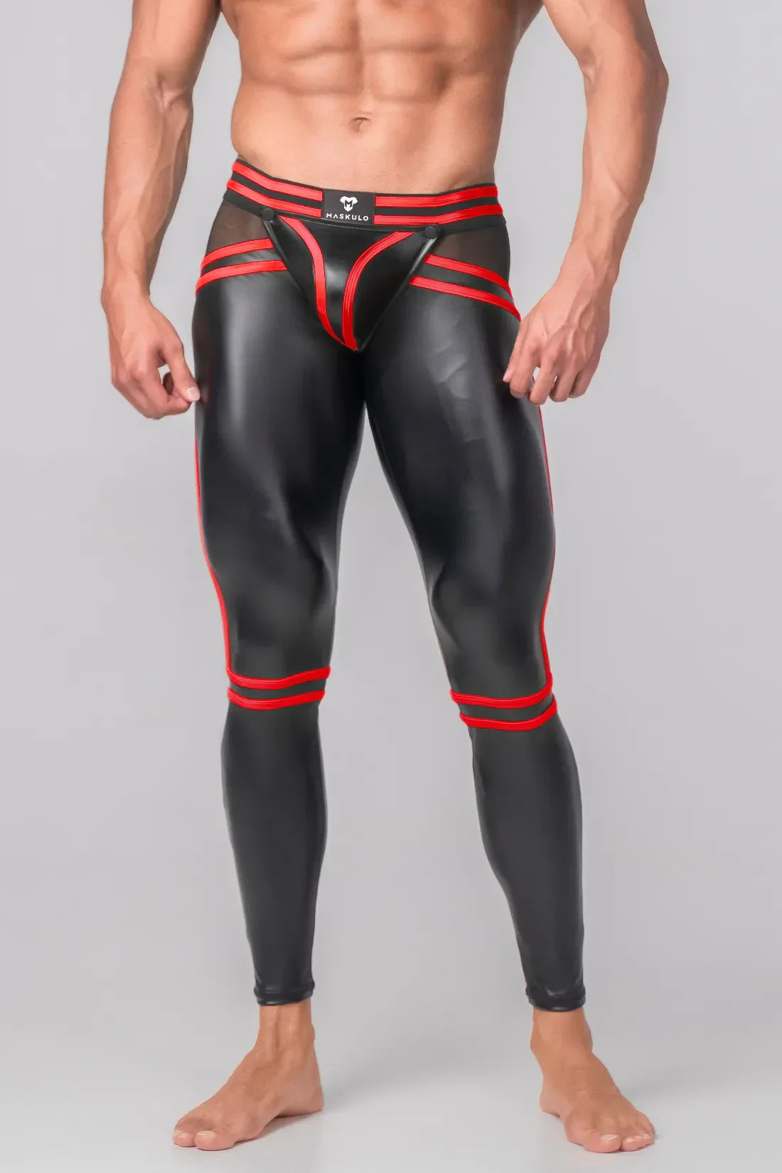 Men's Leggings. Codpiece. Open Rear. Black and Red