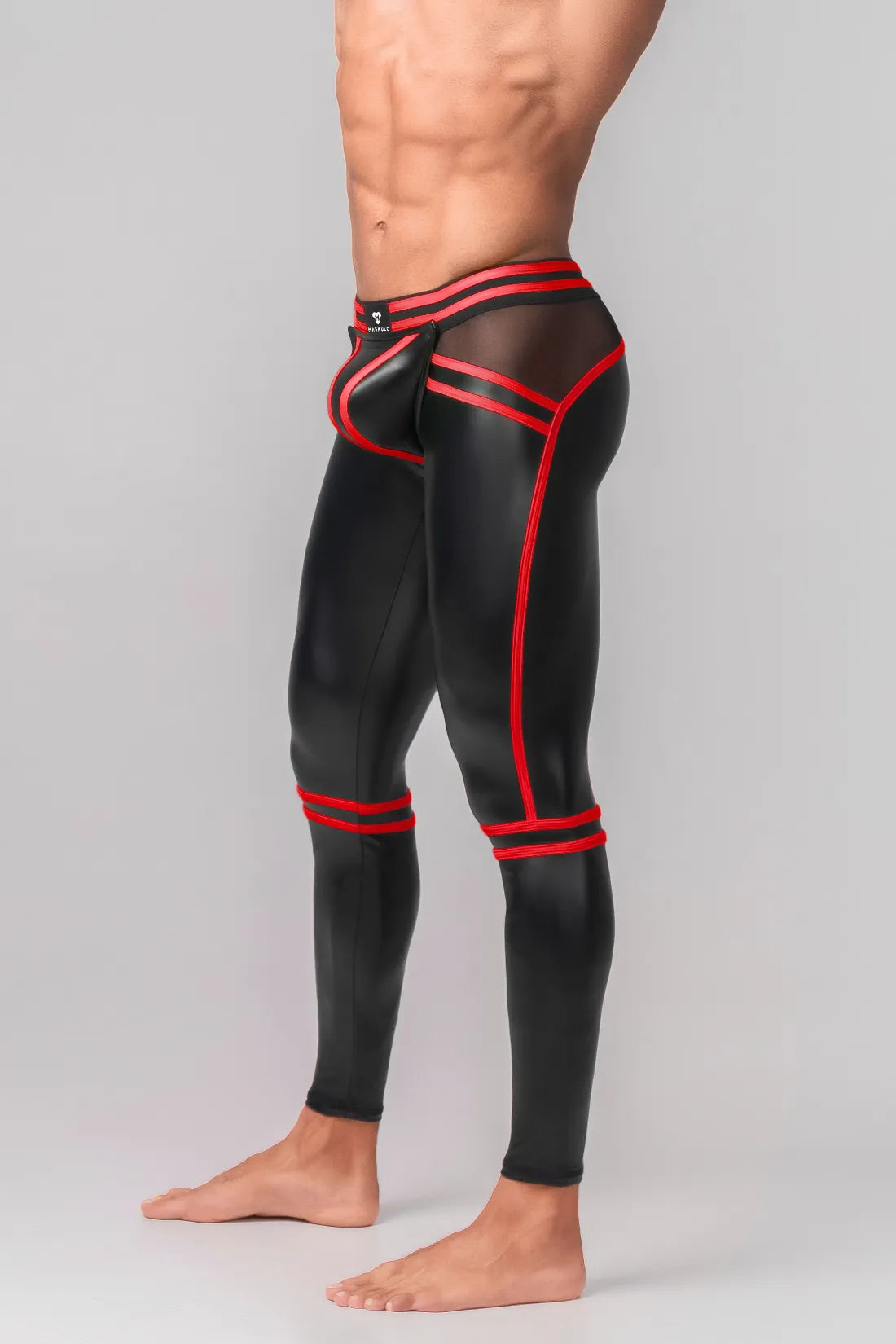 Men's Leggings. Codpiece. Open Rear. Black and Red