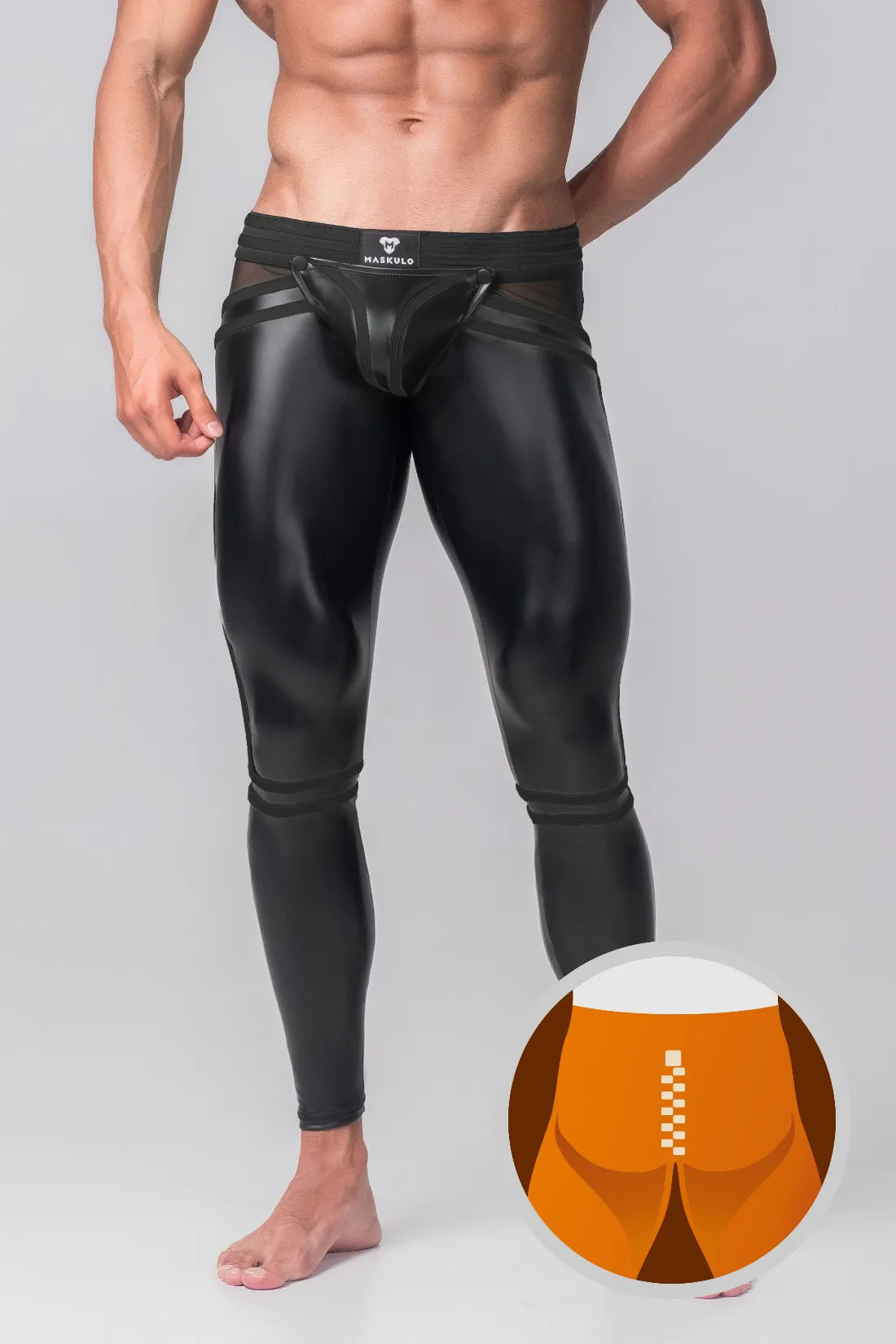 Men's Leggings. Codpiece. Zippered Rear. Black