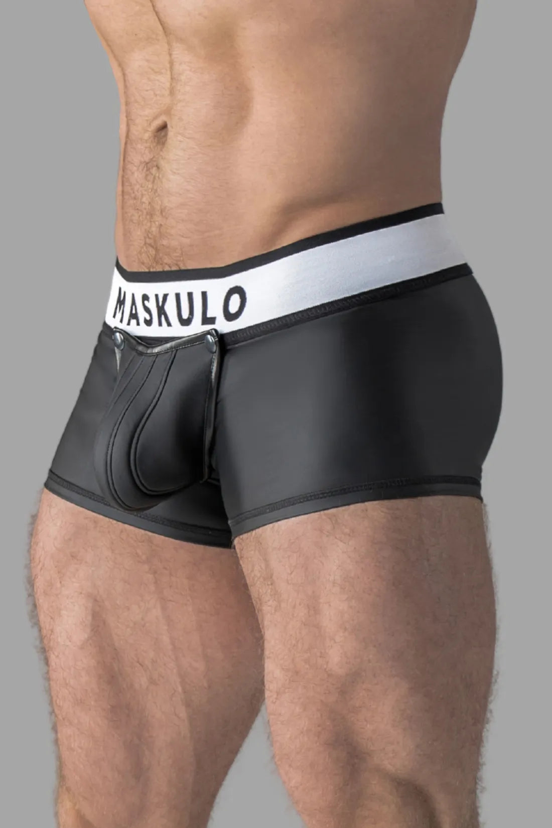 Rubber Look Trunk Shorts. Detachable pouch. Open Rear. Black