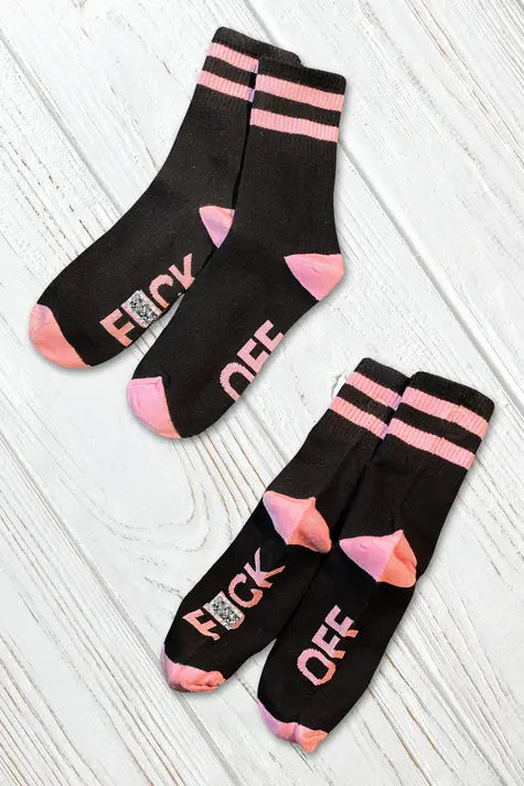 "F*CK OFF" Crew Socks. Black + Pink