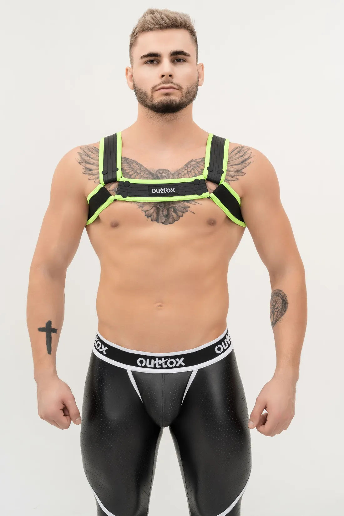 Outtox. Bulldog Harness with Snaps. Black and Green 'Neon'