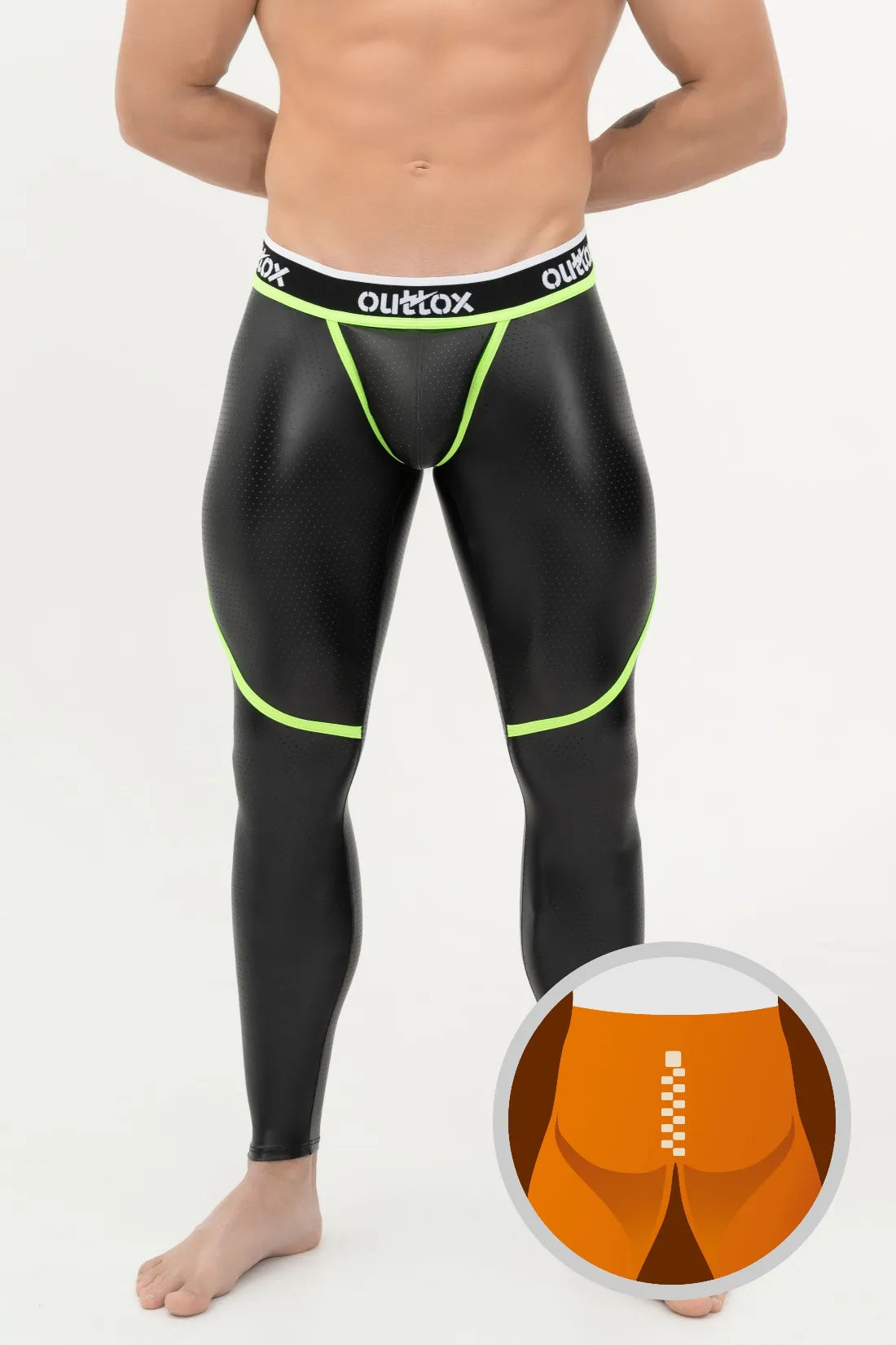 Outtox. Zip-Rear Leggings with Snap Codpiece. Black and Green