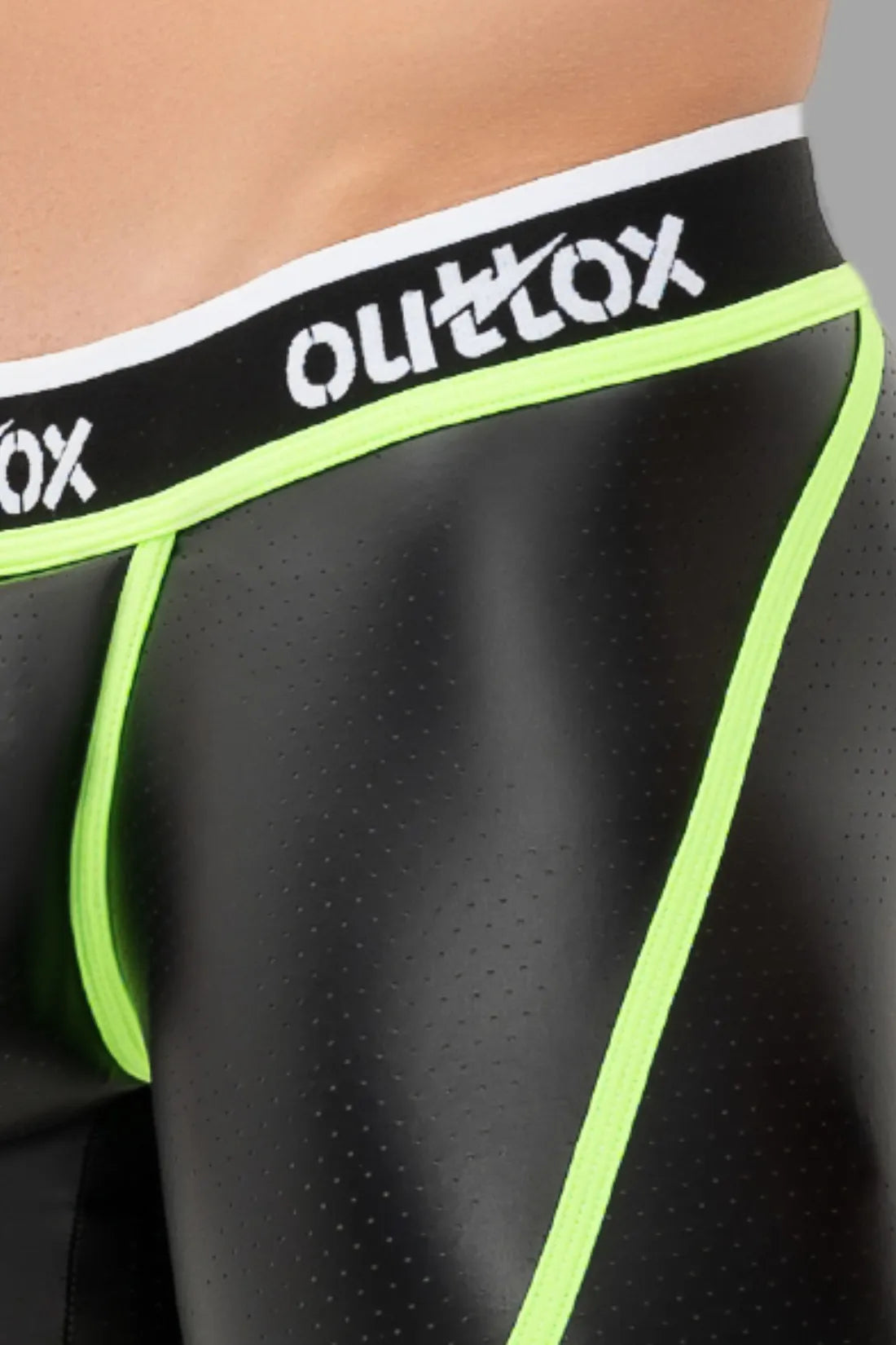 Outtox. Open Rear Shorts with Snap Codpiece. Black and Green