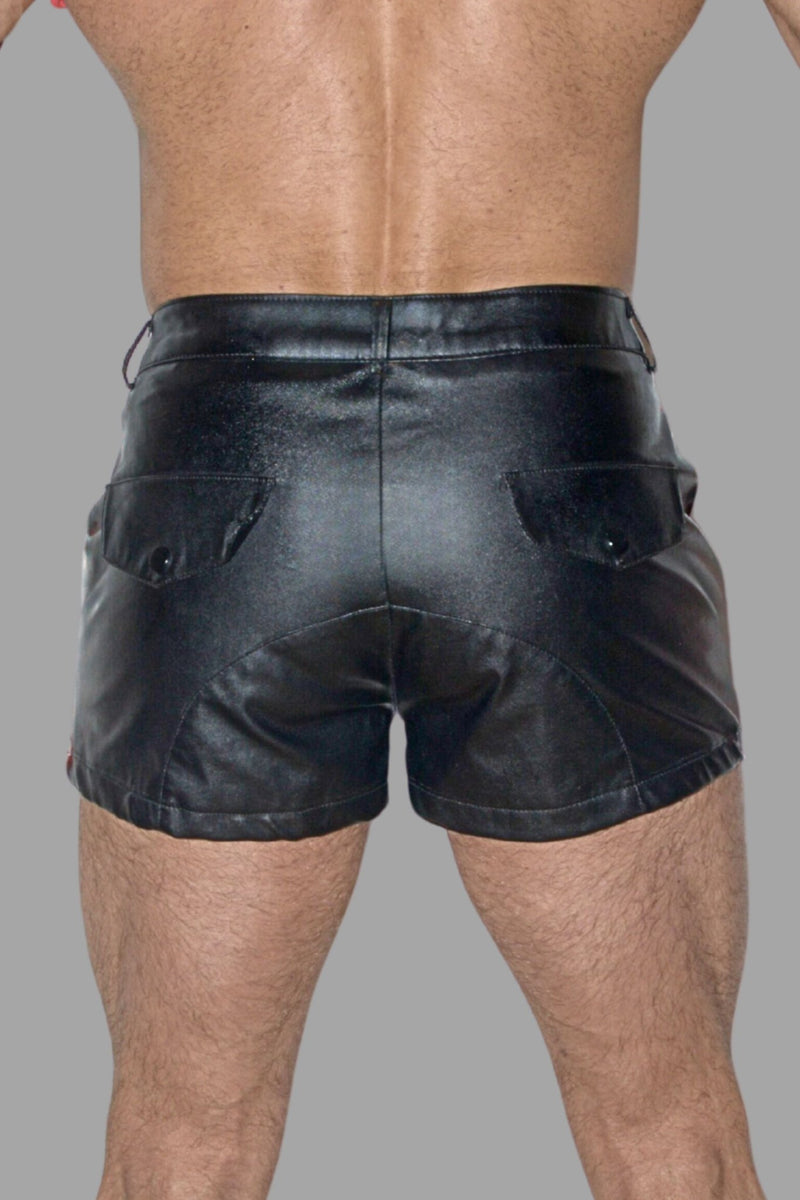 Cruz Gearshift PU Leather Shorts. Black + 2 Blue Stripes - MSH284-Y1 - Maskulo US NY FL