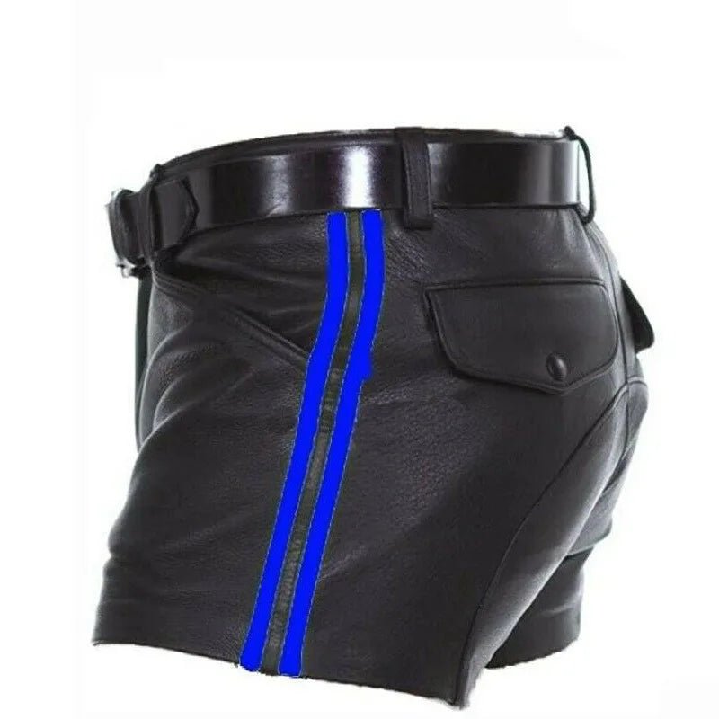 Cruz Gearshift PU Leather Shorts. Black + 2 Blue Stripes - MSH284-Y1 - Maskulo US NY FL